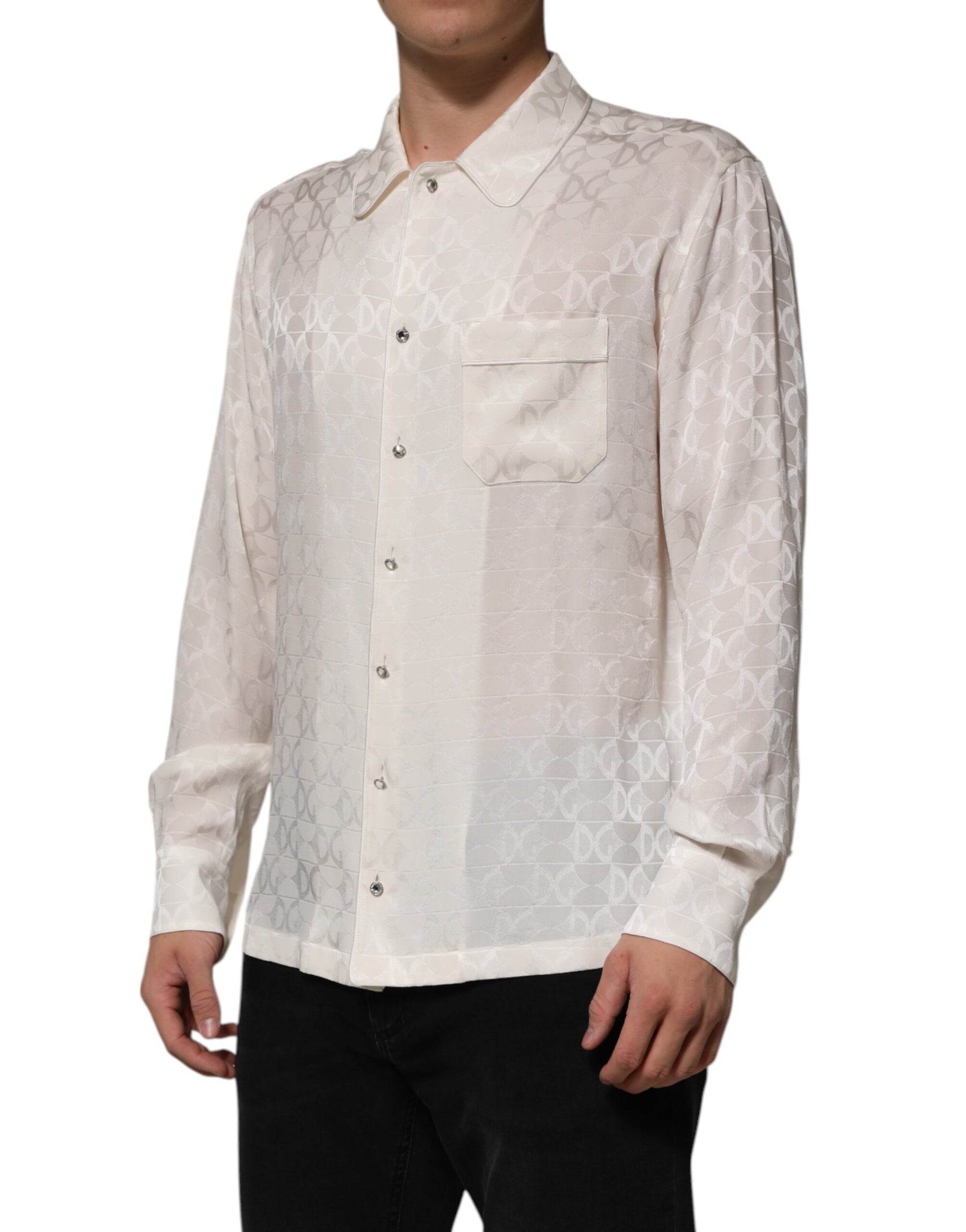 Dolce & Gabbana White Silk DG Logo Print Long Sleeves Shirt | Regal Royce