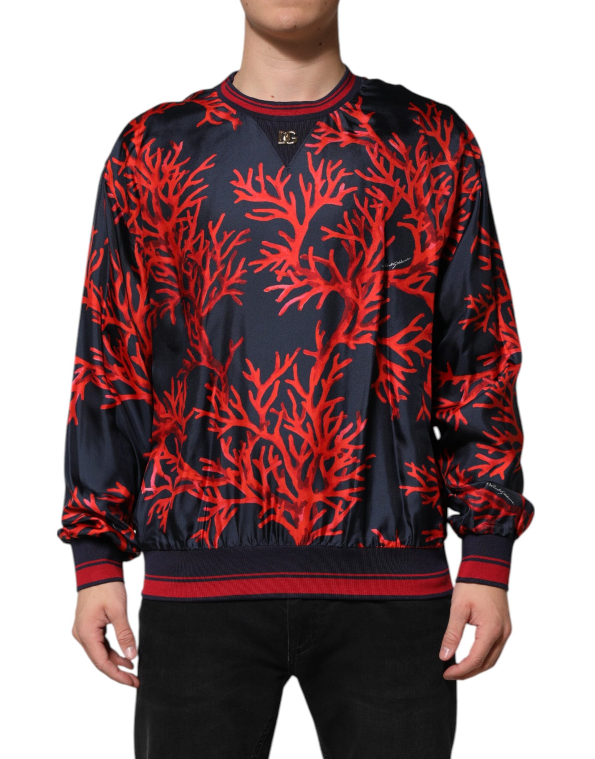 Dolce & Gabbana Navy Red Silk Coral Print Pullover Sweater