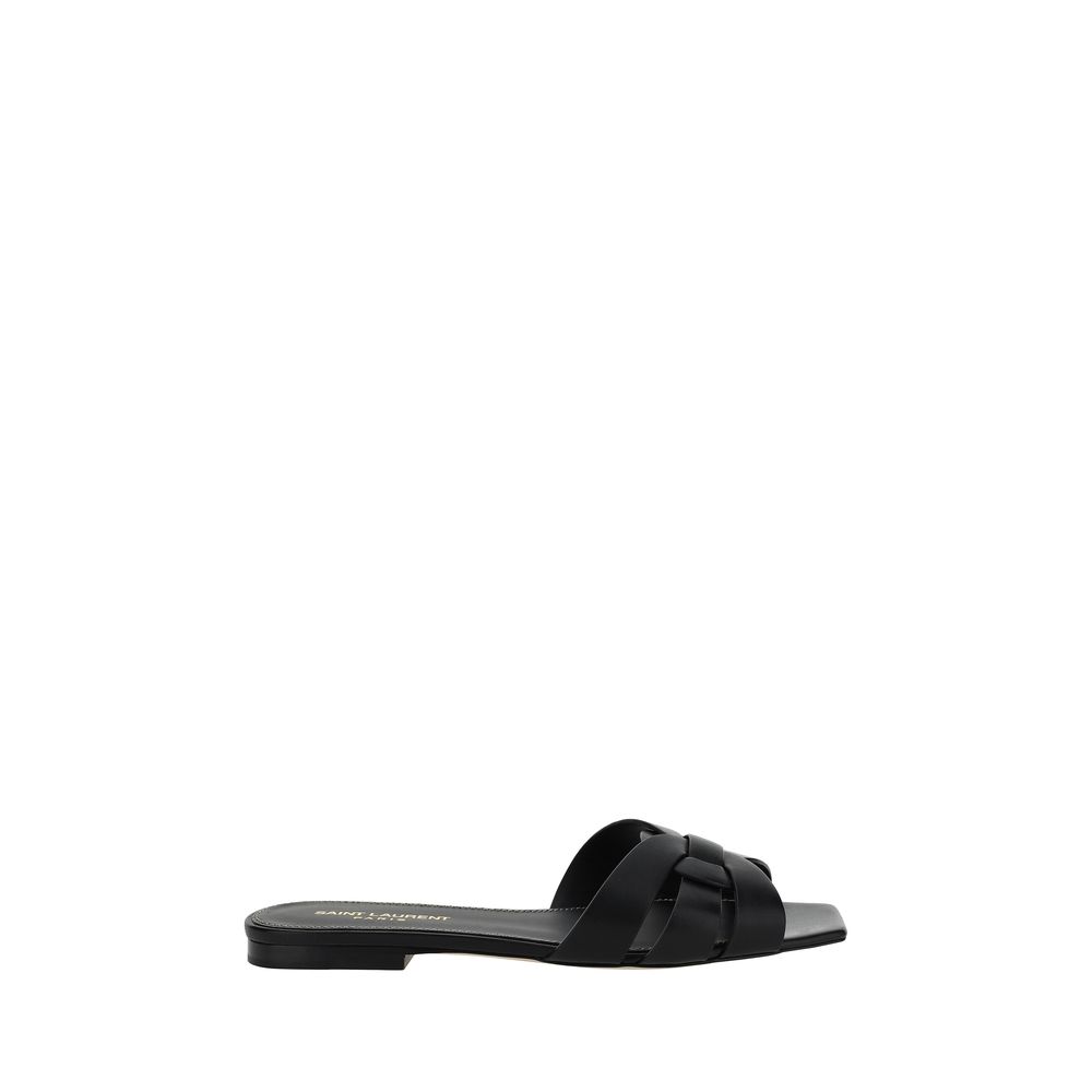 Saint Laurent Black Calf Leather Bos Taurus Flat Sandals | Regal Royce