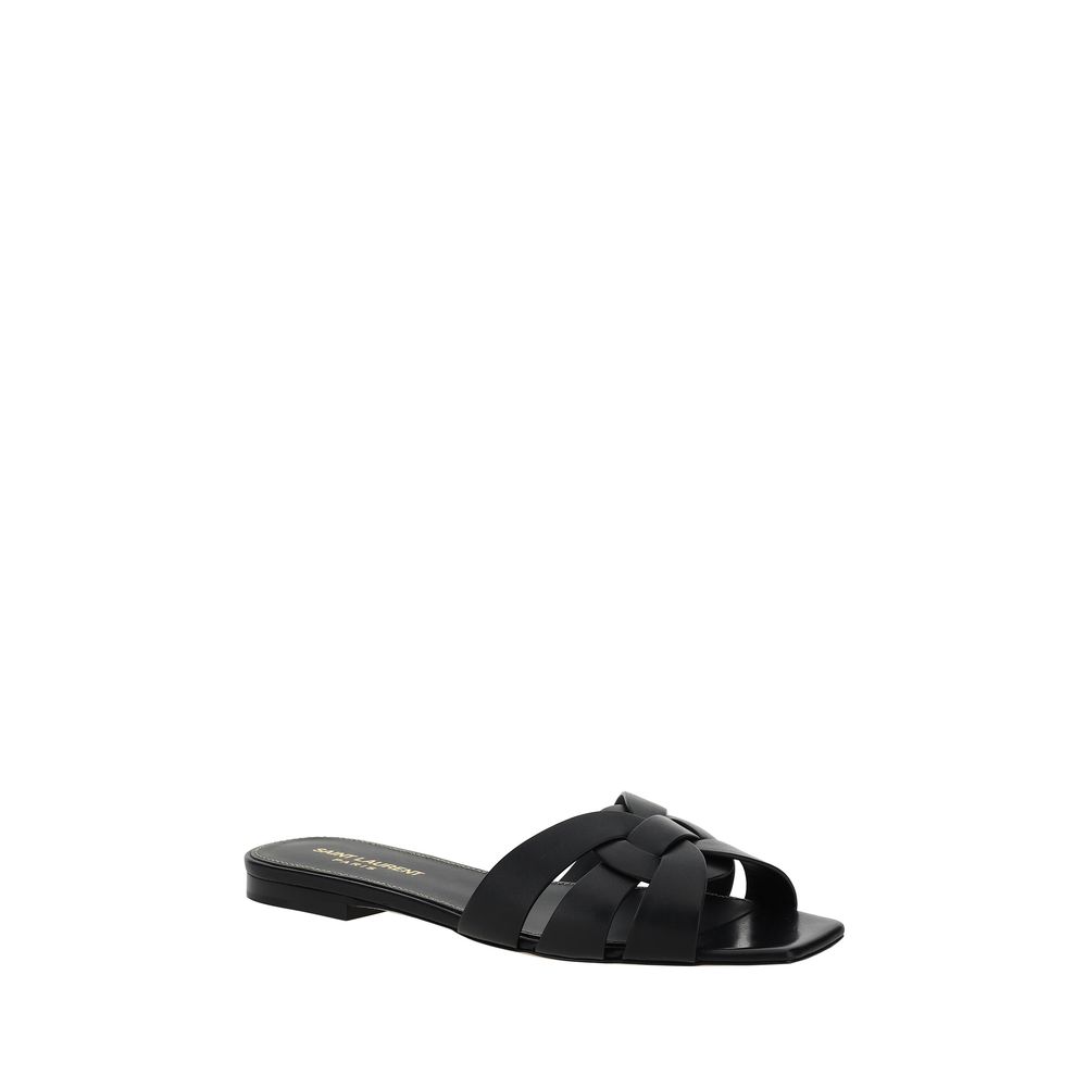 Saint Laurent Black Calf Leather Bos Taurus Flat Sandals | Regal Royce