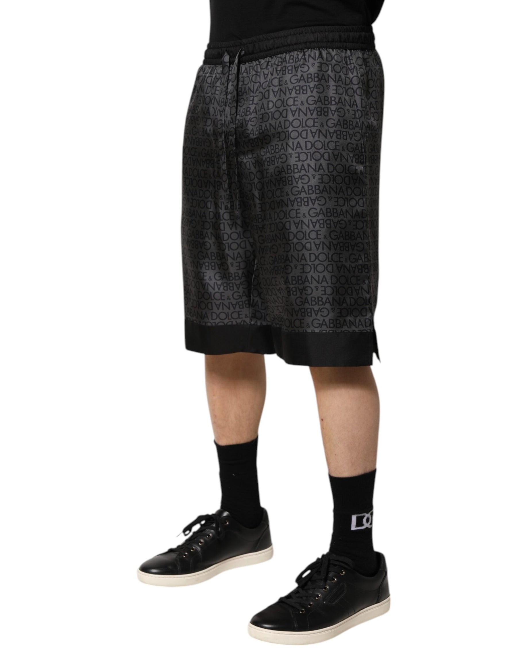 Dolce & Gabbana Gray Black Silk DG Logo Men Bermuda Shorts | Regal Royce