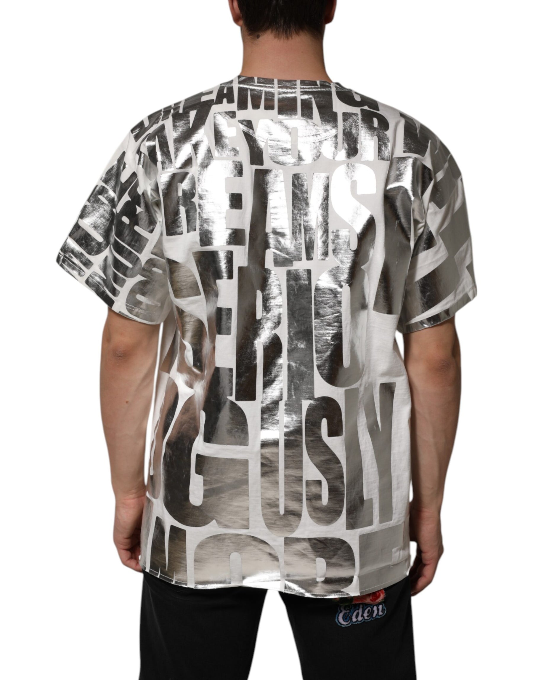 Dolce & Gabbana White Cotton Silver Metallic Slogan Print T-shirt | Regal Royce