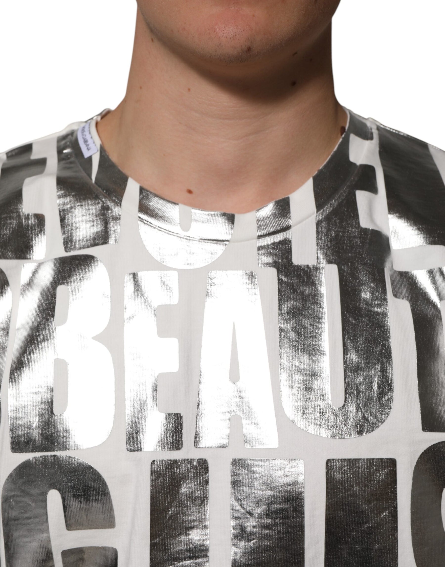 Dolce & Gabbana White Cotton Silver Metallic Slogan Print T-shirt | Regal Royce