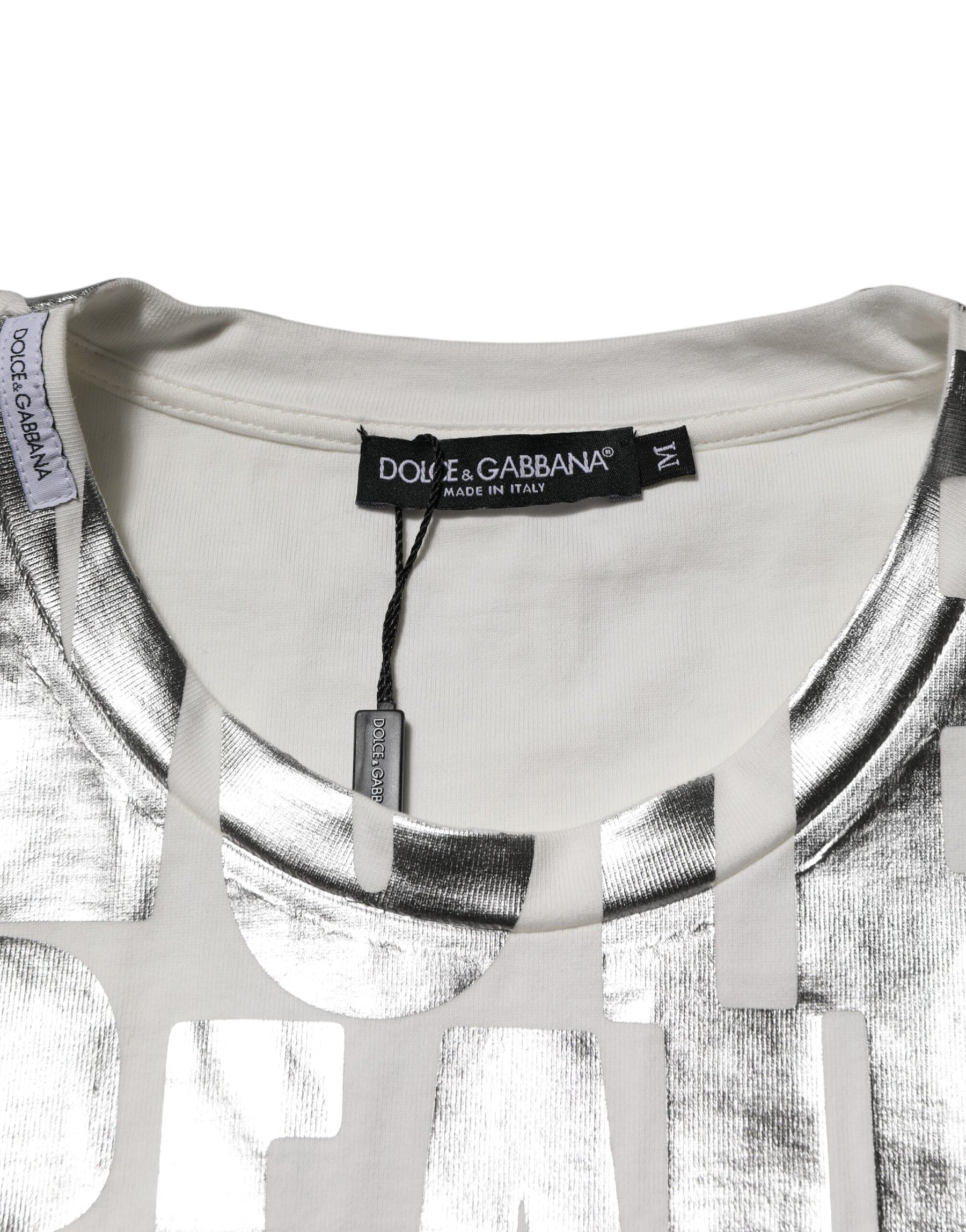 Dolce & Gabbana White Cotton Silver Metallic Slogan Print T-shirt | Regal Royce