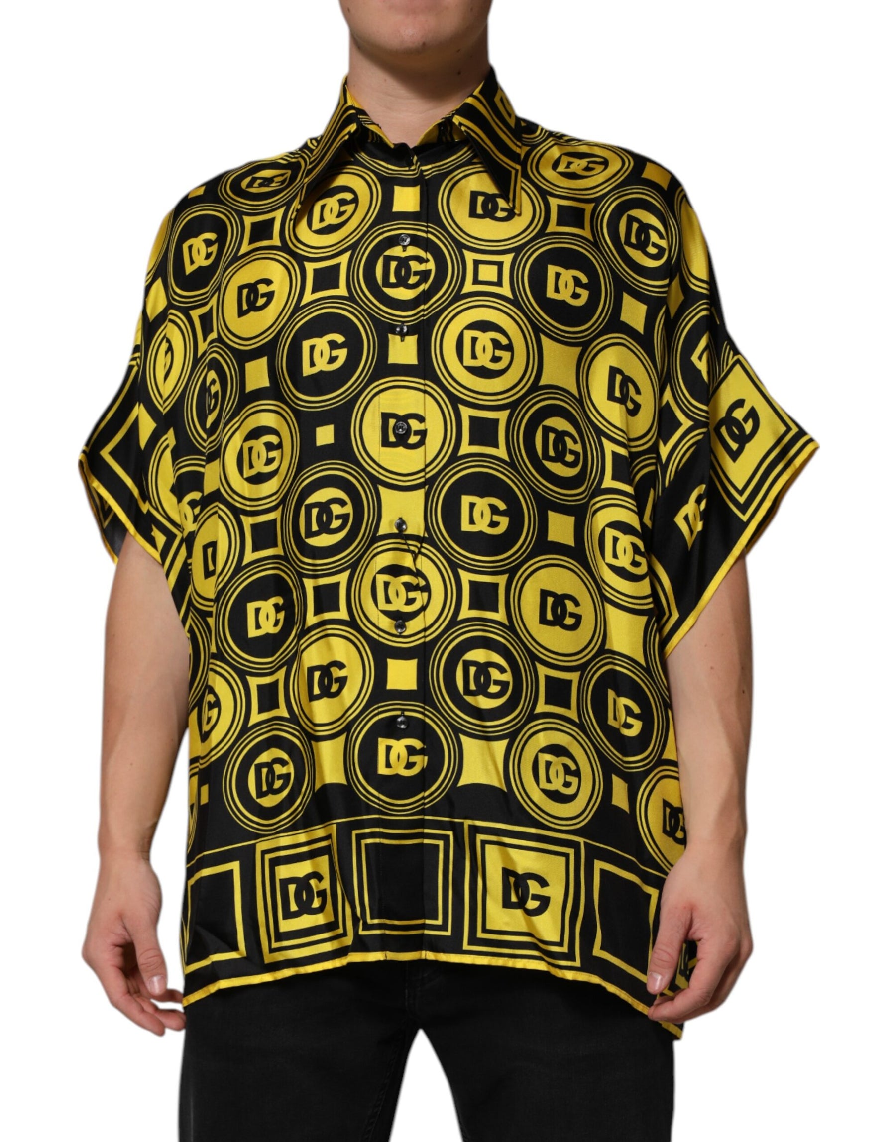 Dolce & Gabbana Yellow Silk Silver DG Logo Geometric T-shirt | Regal Royce