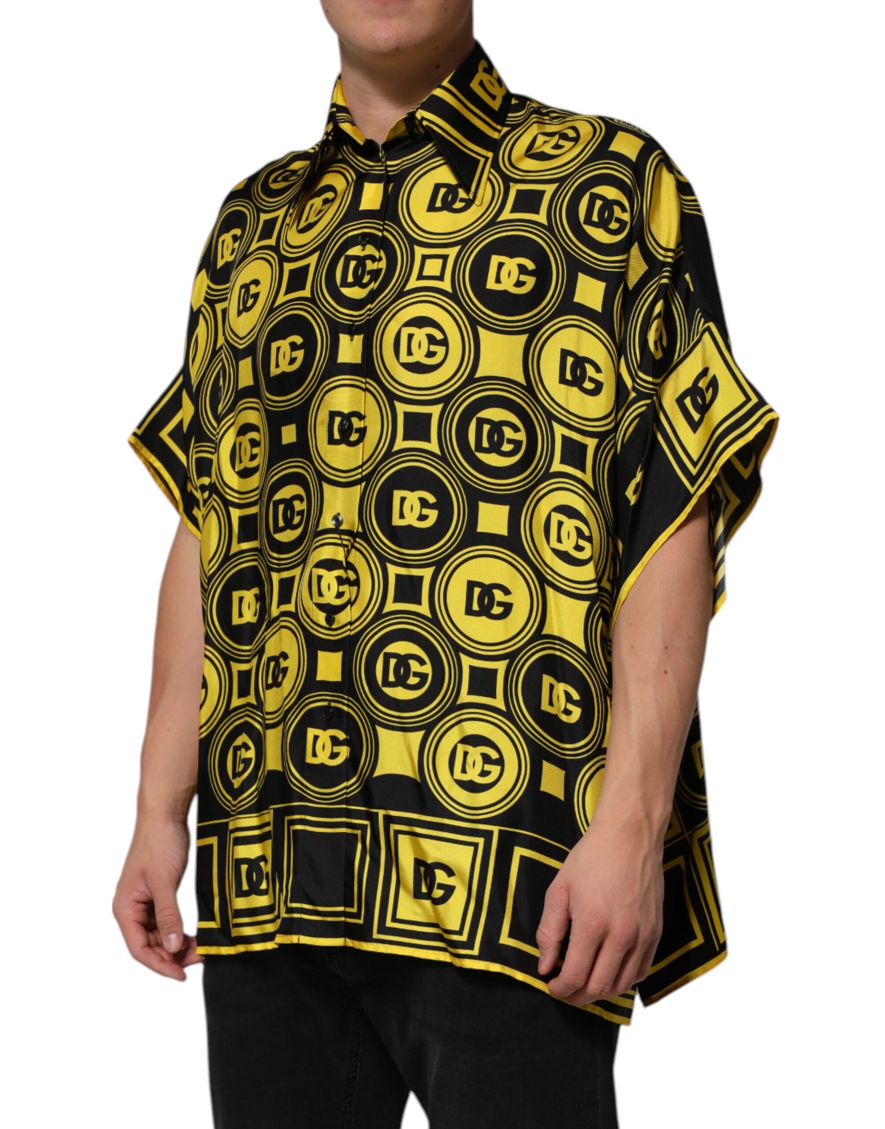 Dolce & Gabbana Yellow Silk Silver DG Logo Geometric T-shirt | Regal Royce