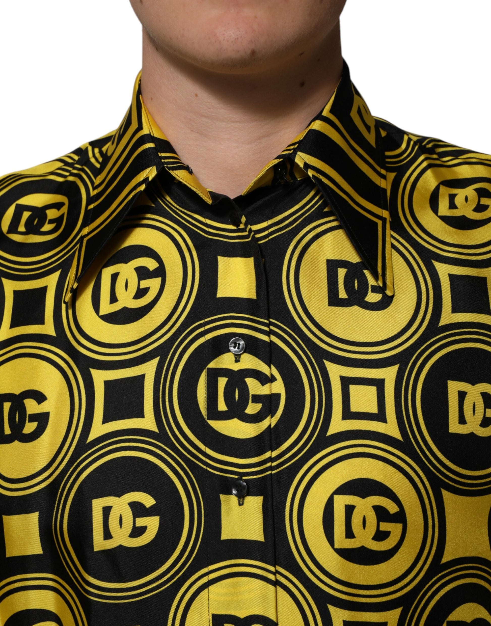 Dolce & Gabbana Yellow Silk Silver DG Logo Geometric T-shirt