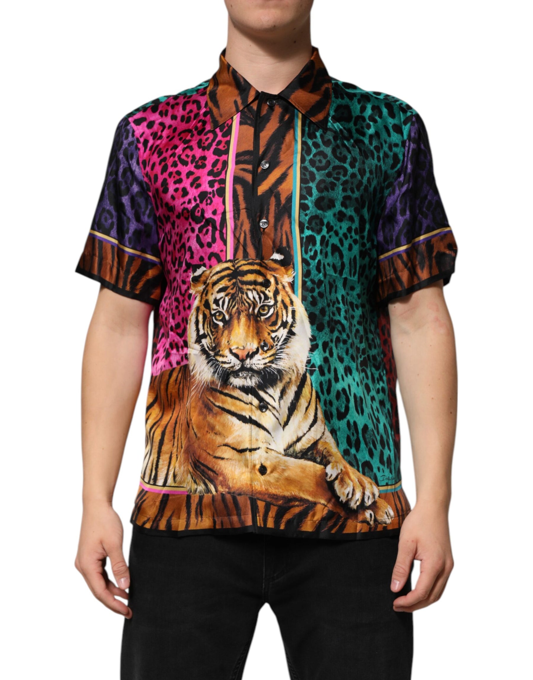Dolce & Gabbana Multicolor Silk Tiger Print Hawaiian T-shirt | Regal Royce