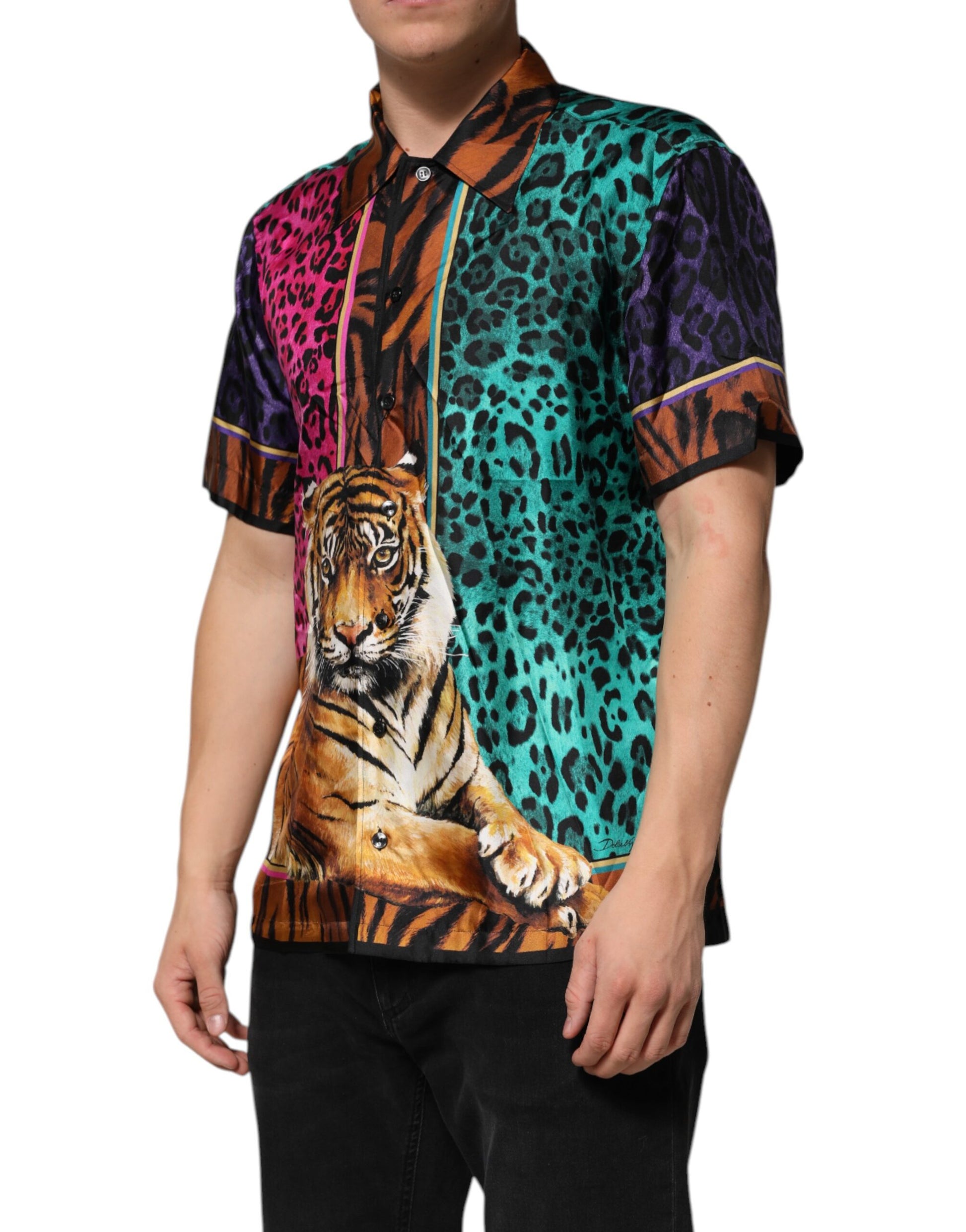 Dolce & Gabbana Multicolor Silk Tiger Print Hawaiian T-shirt