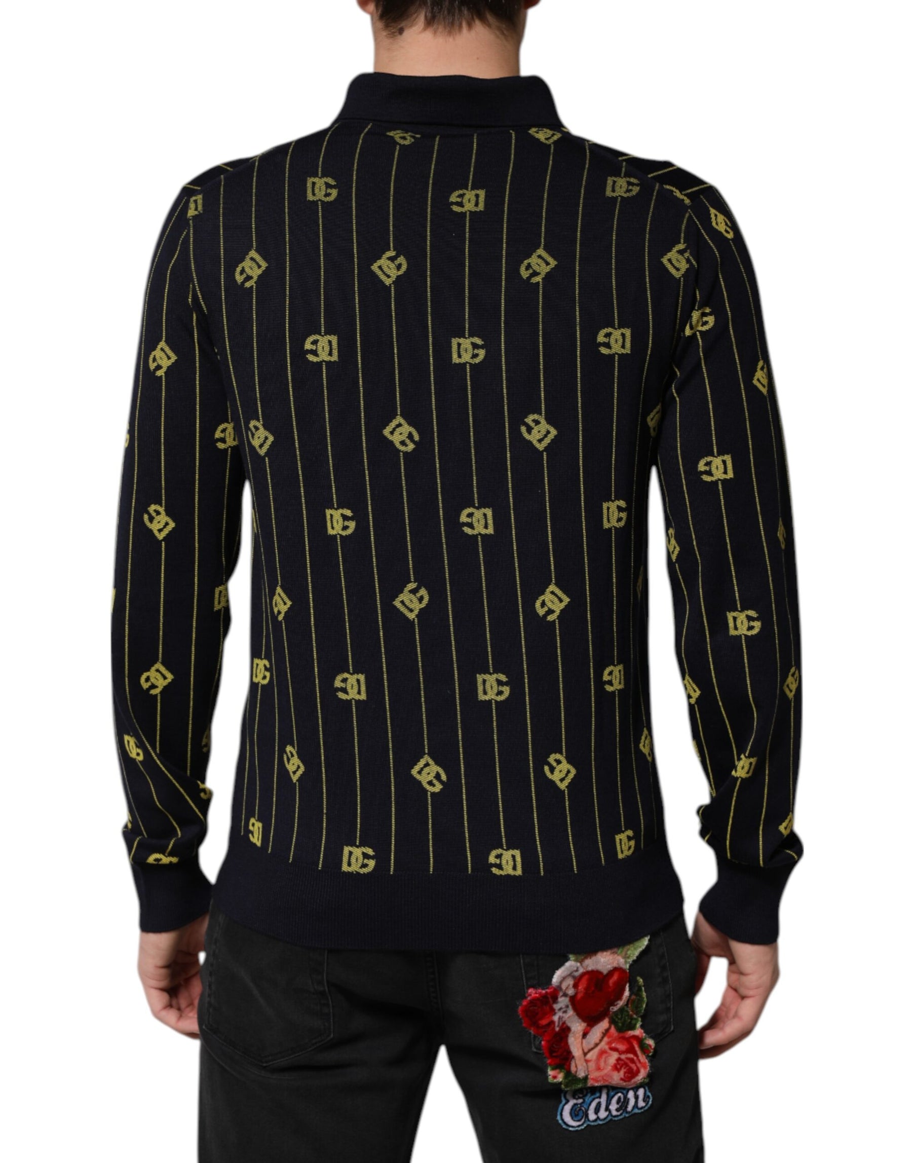 Dolce & Gabbana Black Logo Jacquard Knitted Polo Shirt T-shirt | Regal Royce