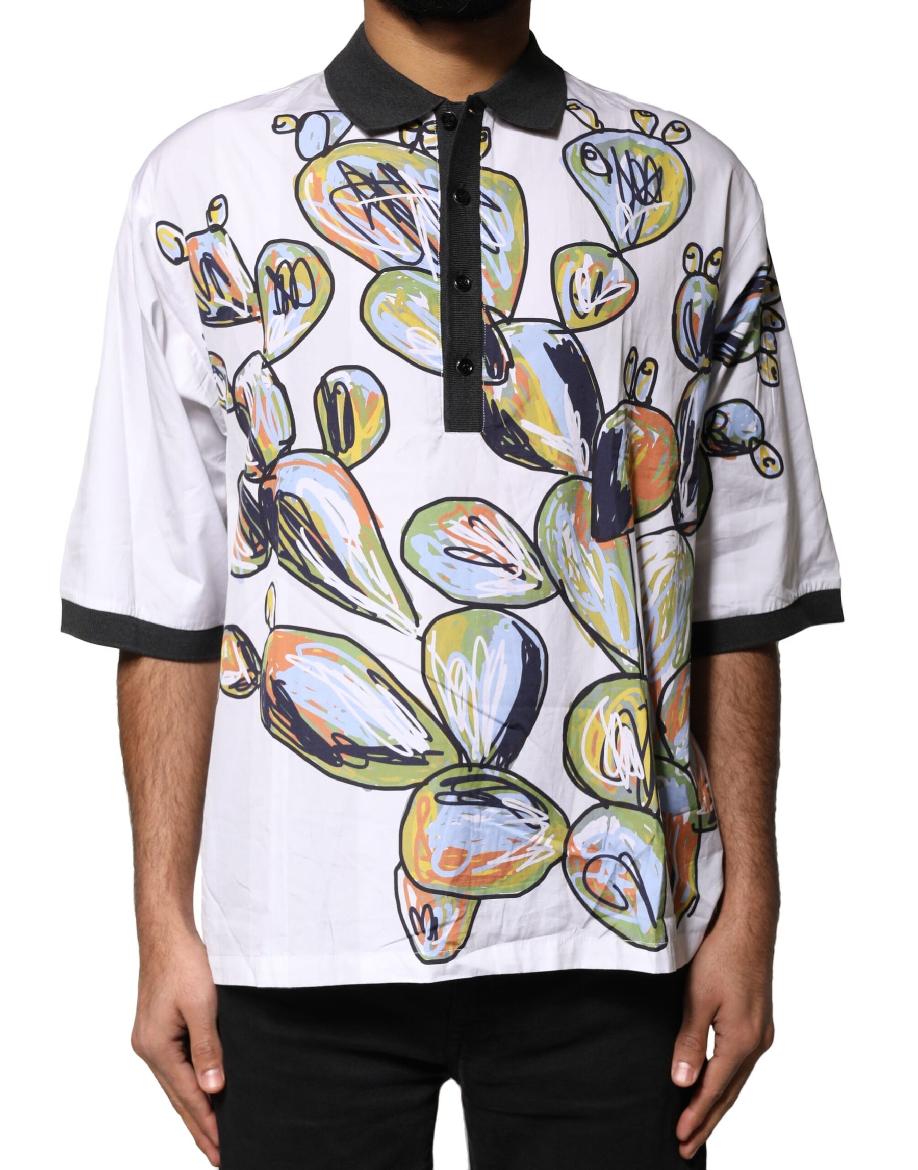 Dolce & Gabbana White Sketch Print Oversized Mens Polo T-shirt | Regal Royce