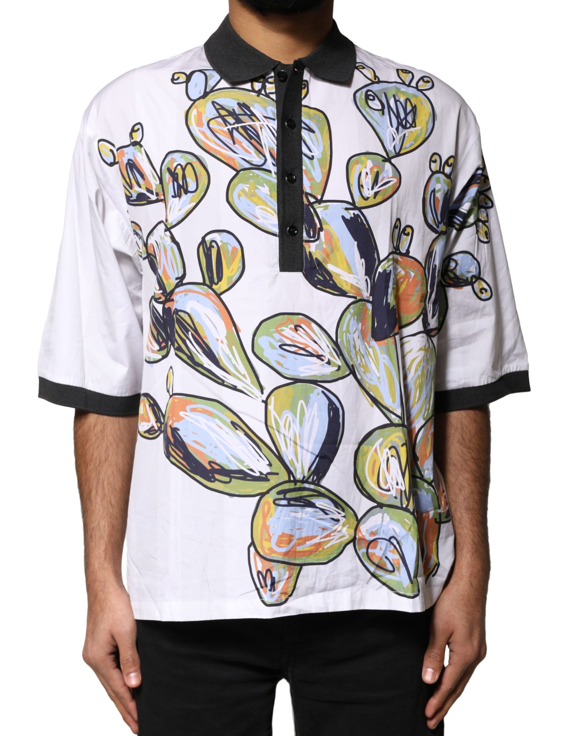 Dolce & Gabbana White Sketch Print Oversized Mens Polo T-shirt
