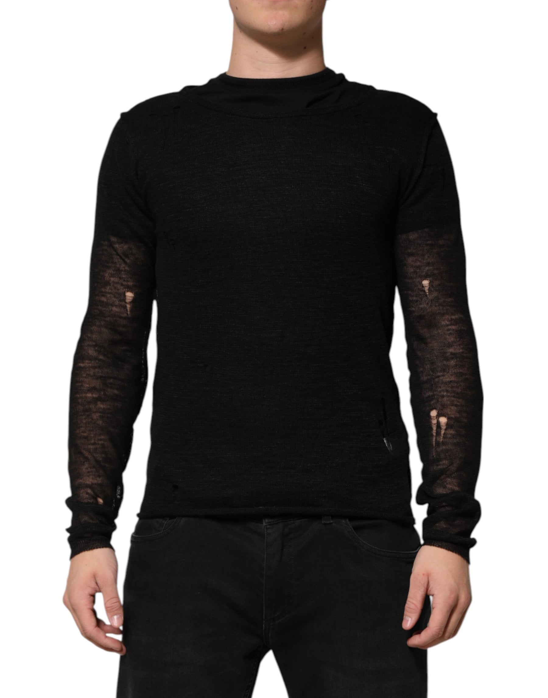 Dolce & Gabbana Black Linen Mesh Tattered Longsleeves T-shirt | Regal Royce