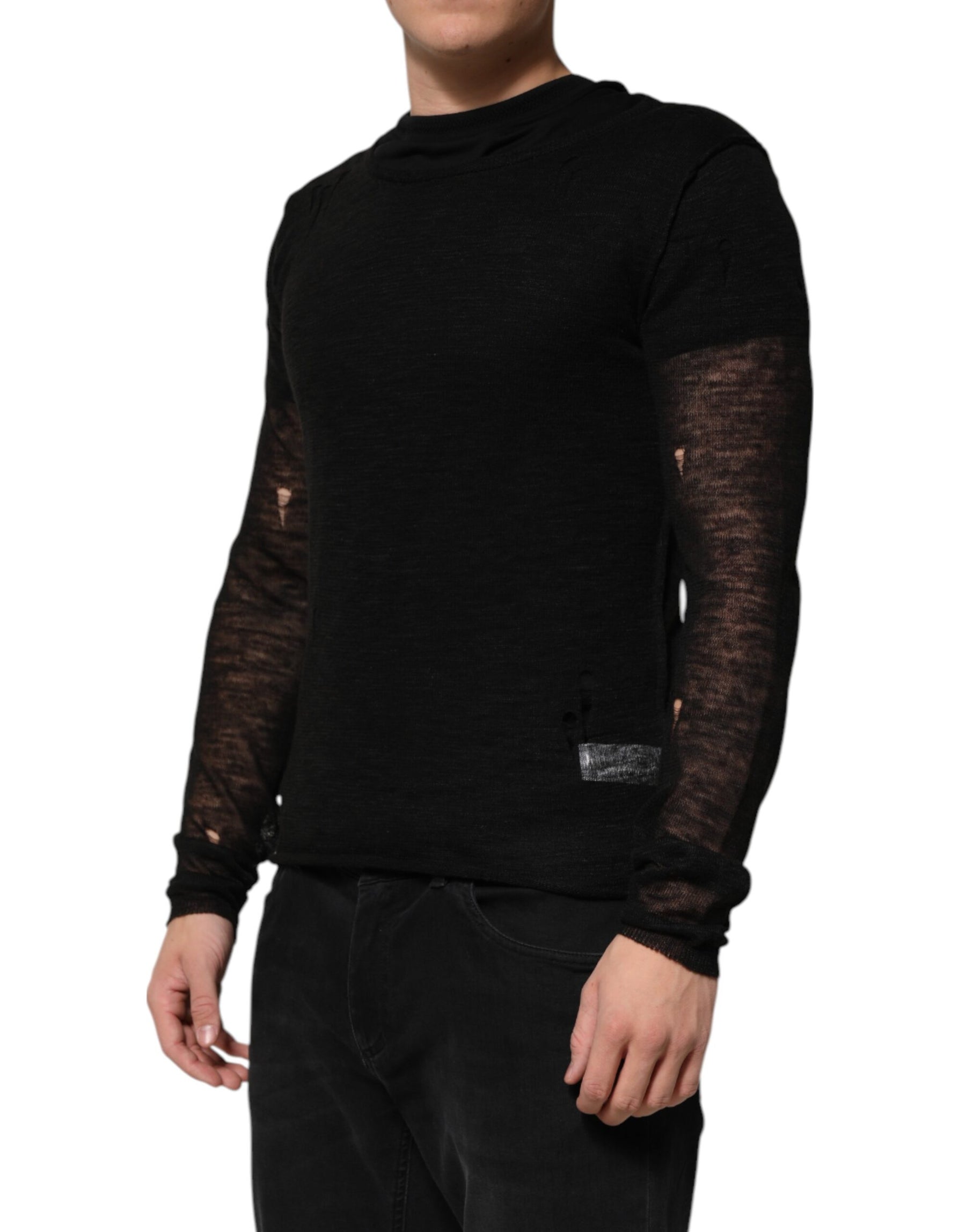 Dolce & Gabbana Black Linen Mesh Tattered Longsleeves T-shirt | Regal Royce