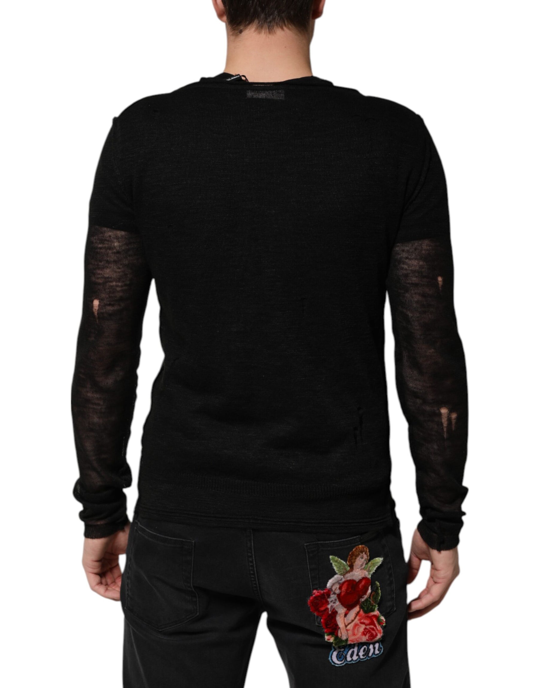 Dolce & Gabbana Black Linen Mesh Tattered Longsleeves T-shirt | Regal Royce