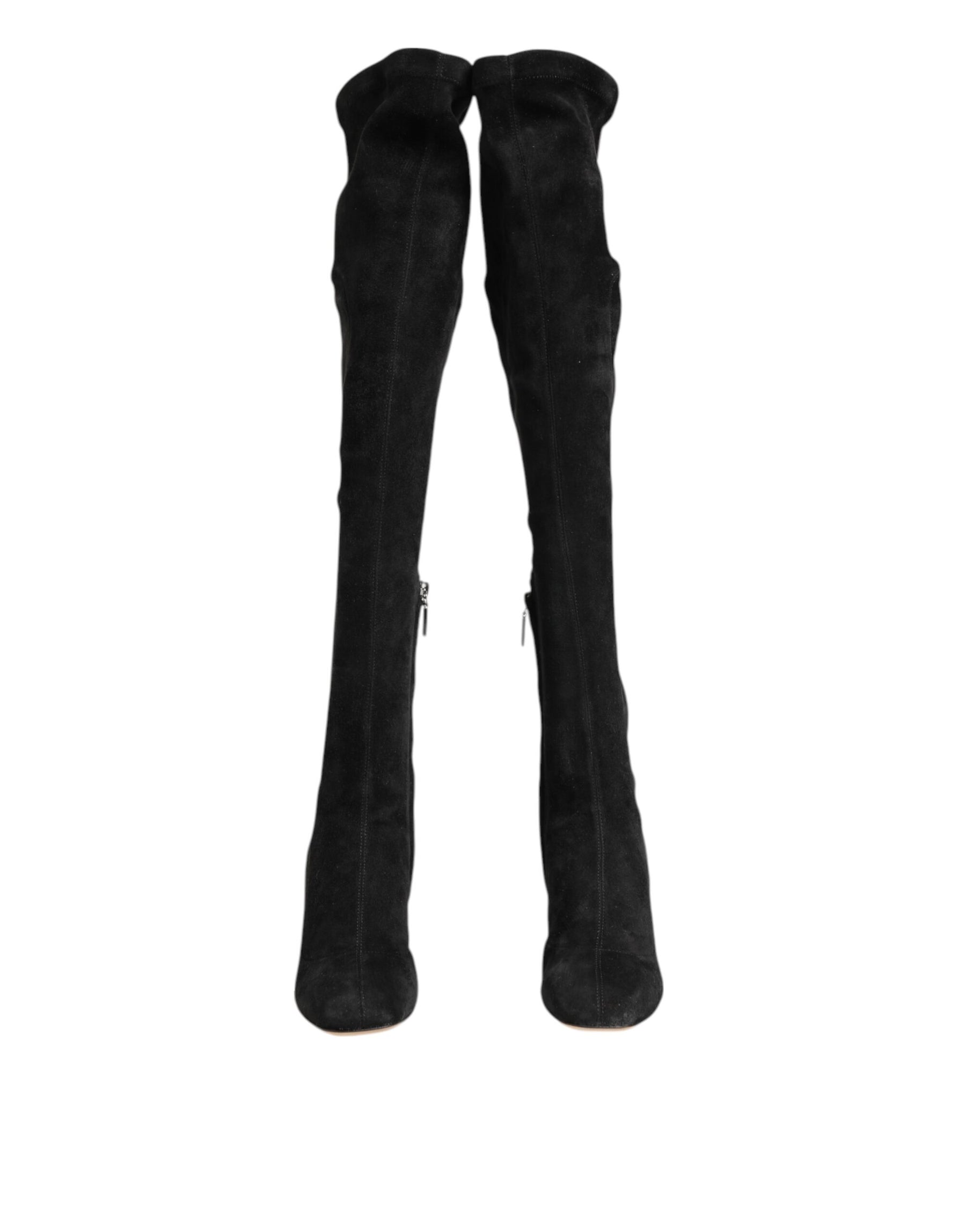 Dolce & Gabbana Black Suede Leather Knee High Boots Shoes | Regal Royce