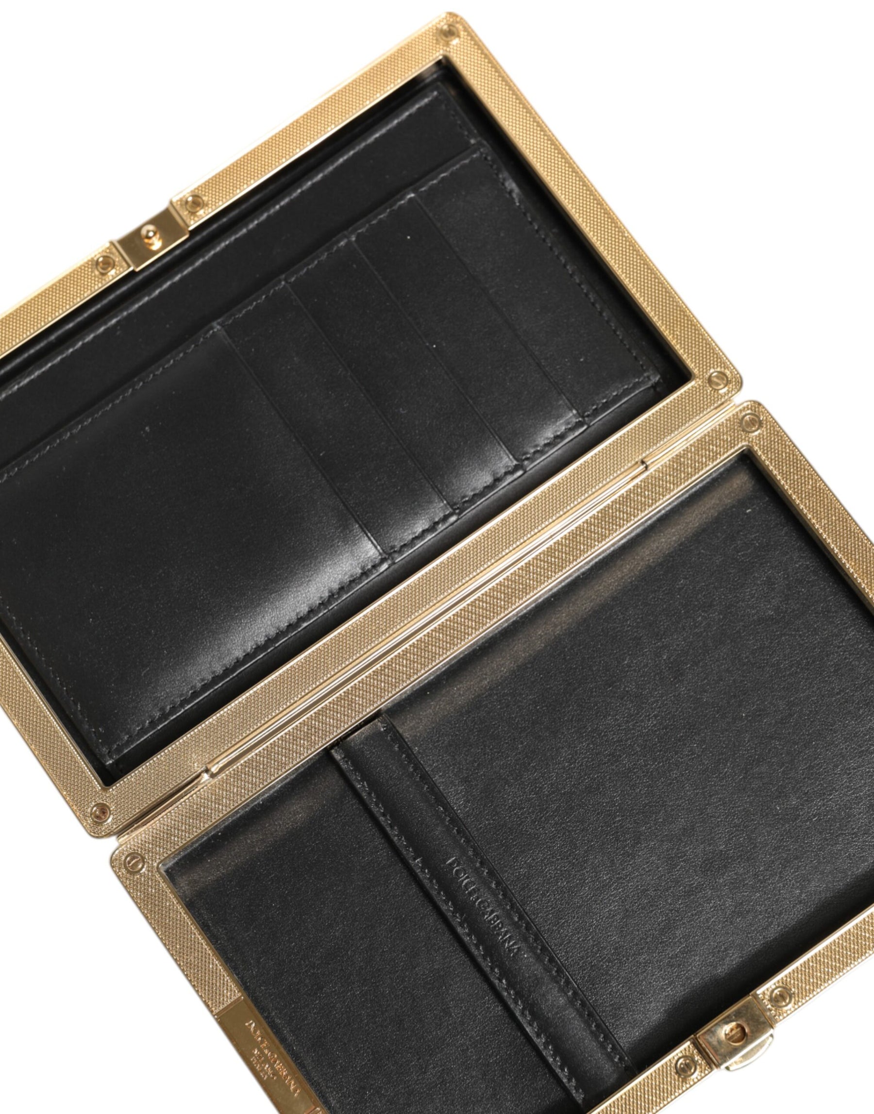 Dolce & Gabbana Black Leather Gold Frame Clutch Evening Party Purse Bag | Regal Royce