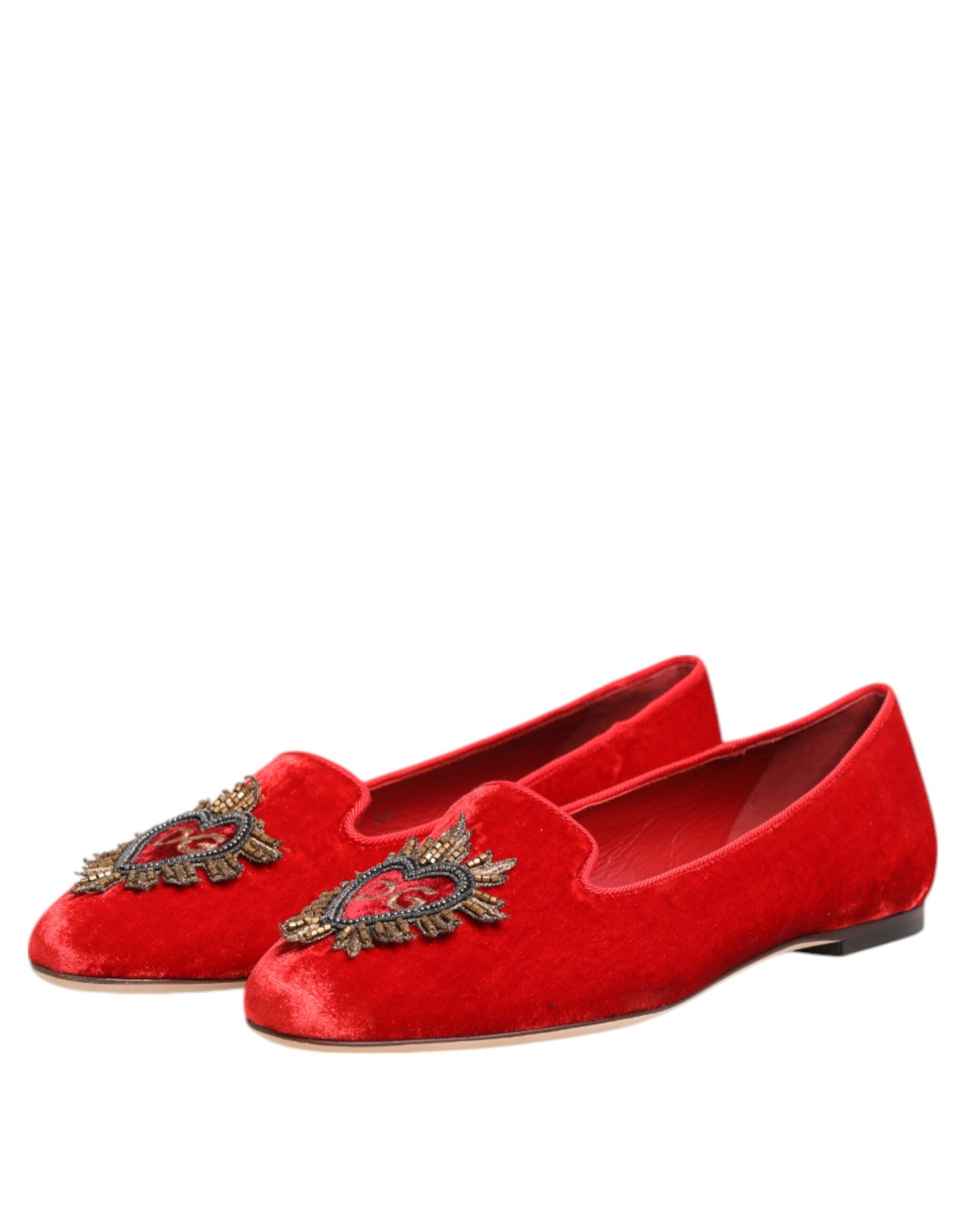 Dolce & Gabbana Red Velvet DG Heart Loafers Flat Shoes | Regal Royce