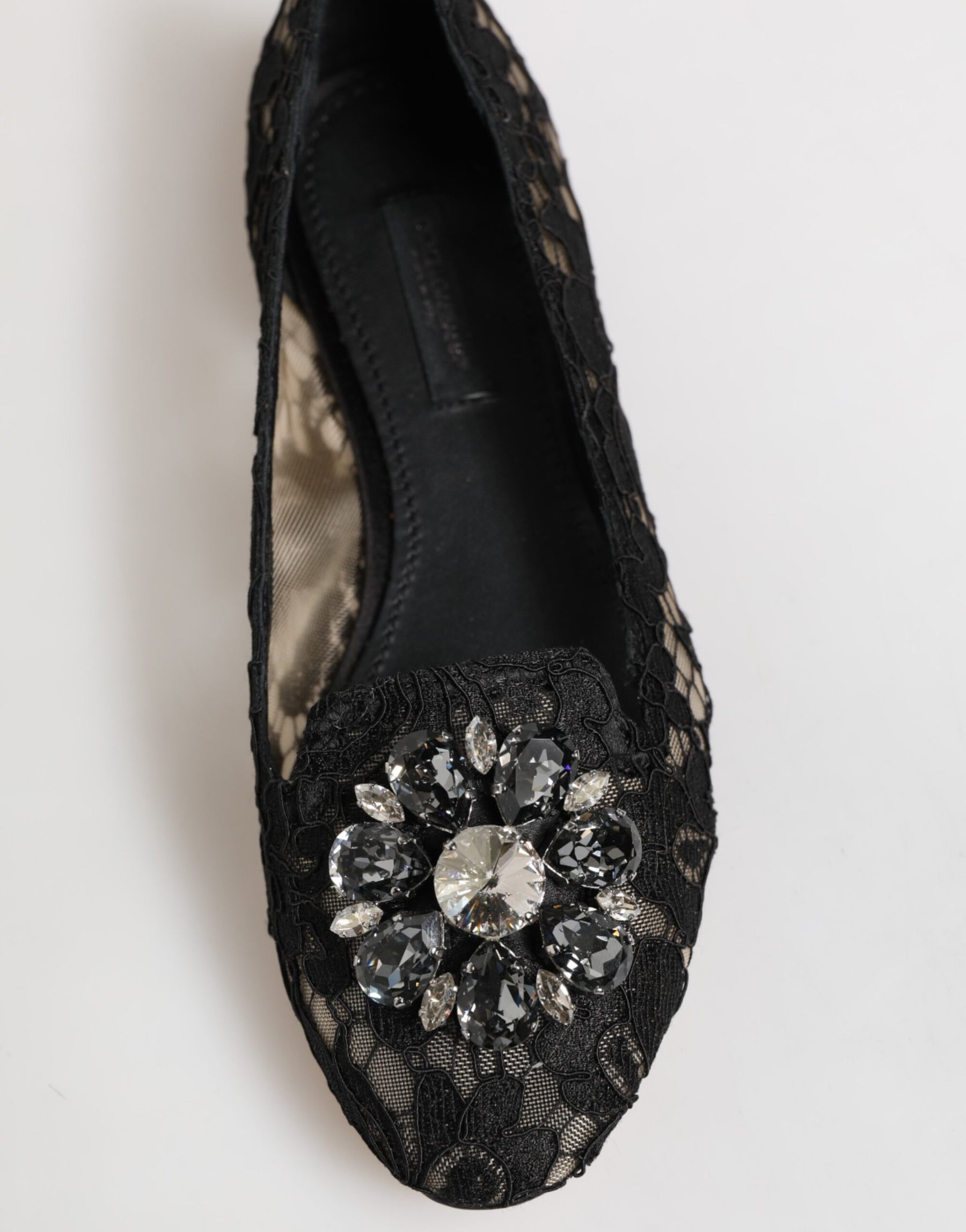 Dolce & Gabbana Black Taormina Lace Crystals Flats Shoes | Regal Royce