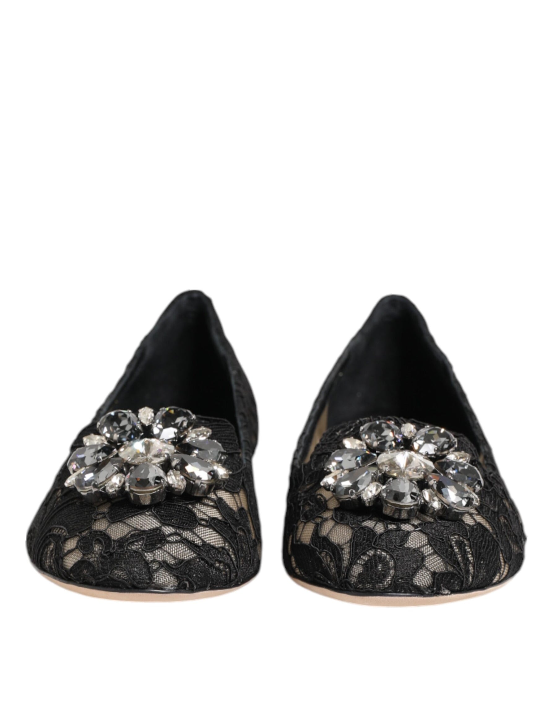 Dolce & Gabbana Black Taormina Lace Crystals Flats Shoes | Regal Royce