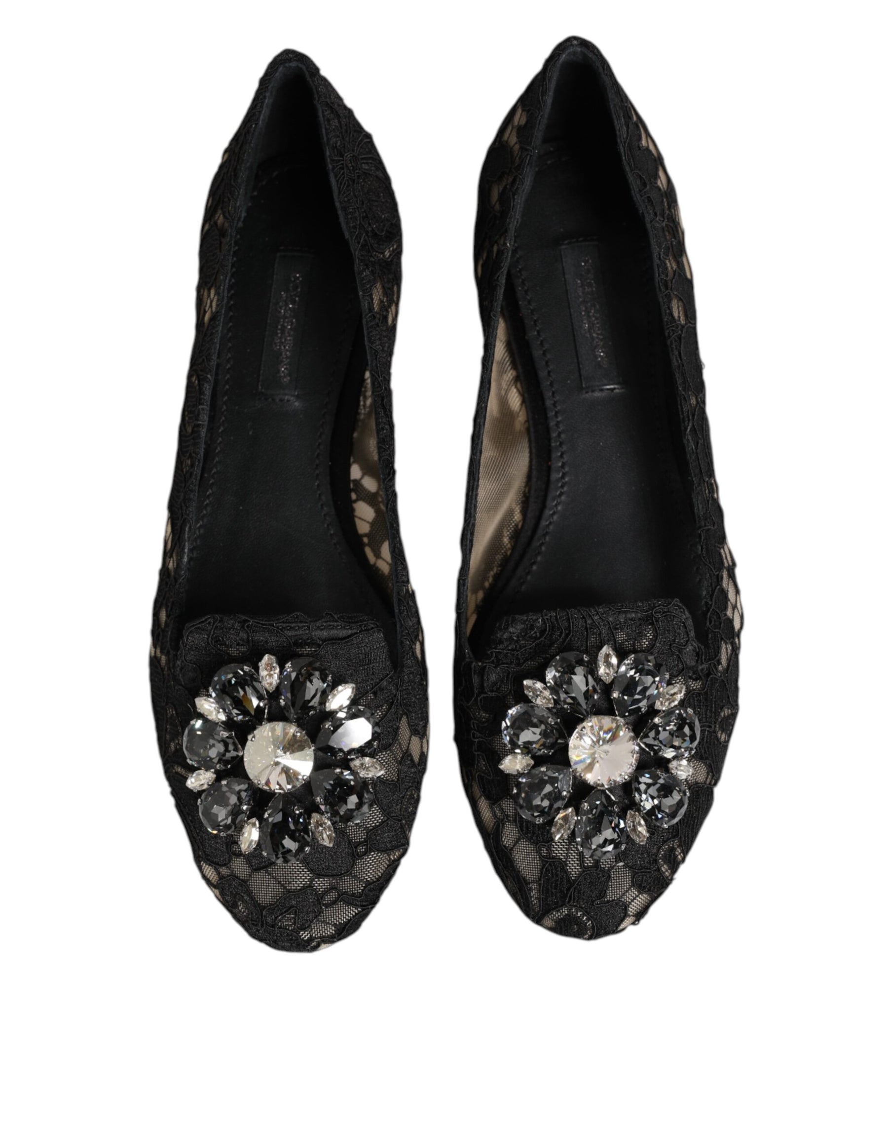 Dolce & Gabbana Black Taormina Lace Crystals Flats Shoes | Regal Royce