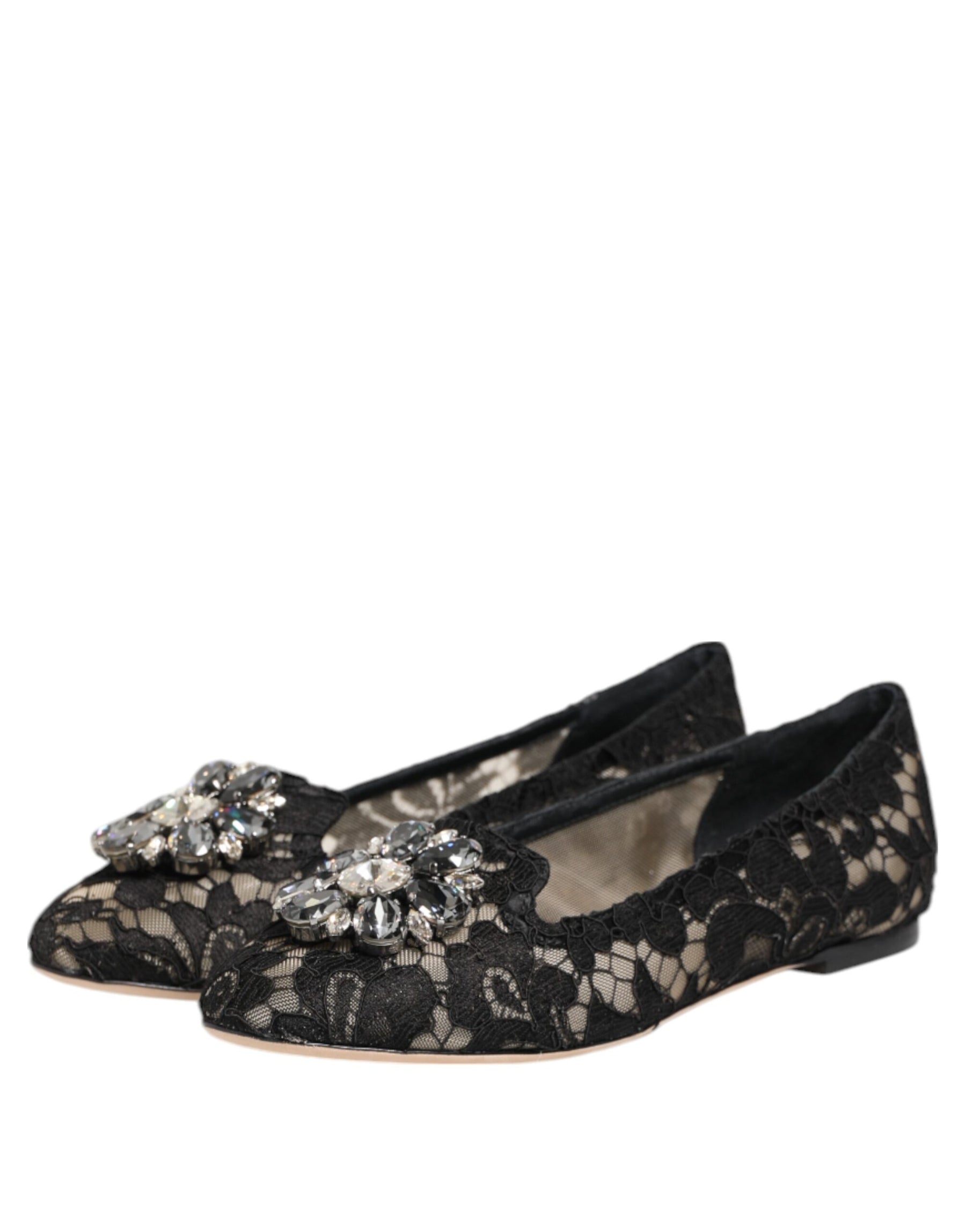 Dolce & Gabbana Black Taormina Lace Crystals Flats Shoes | Regal Royce