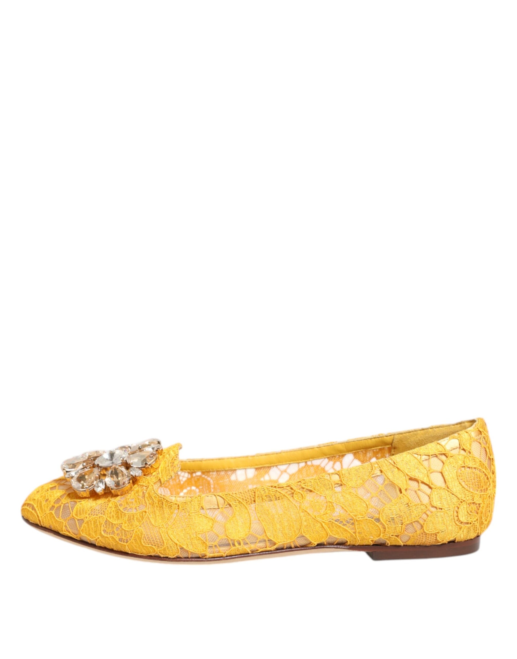 Dolce & Gabbana Yellow Taormina Lace Crystals Flats Shoes | Regal Royce