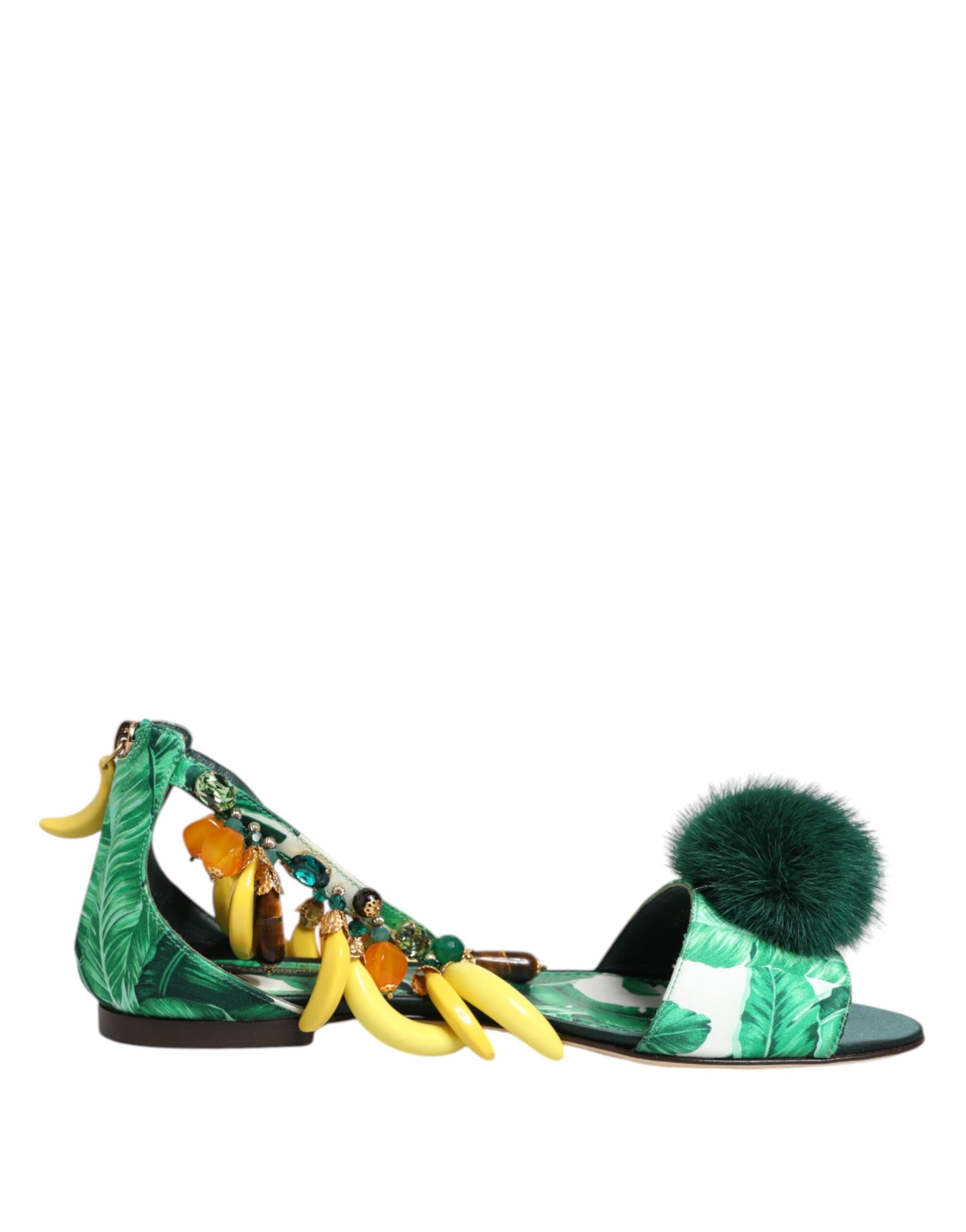 Dolce & Gabbana Green Mink Fur Satin Banana Leaf Sandals Shoes | Regal Royce