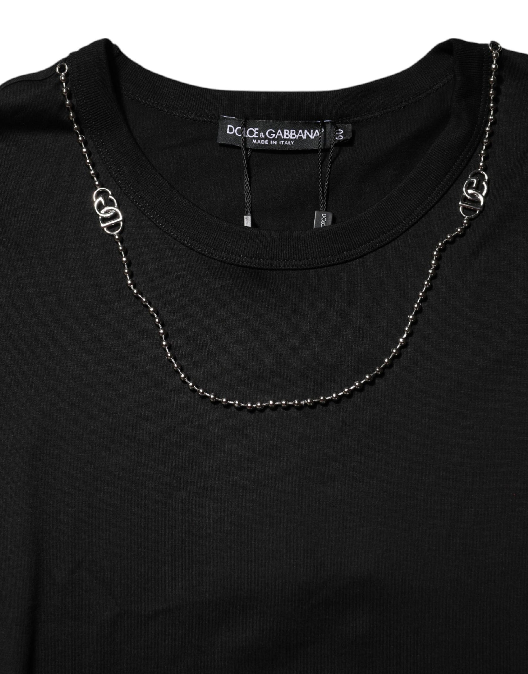 Dolce & Gabbana Black Chain Necklace Cotton Crewneck T-shirt | Regal Royce