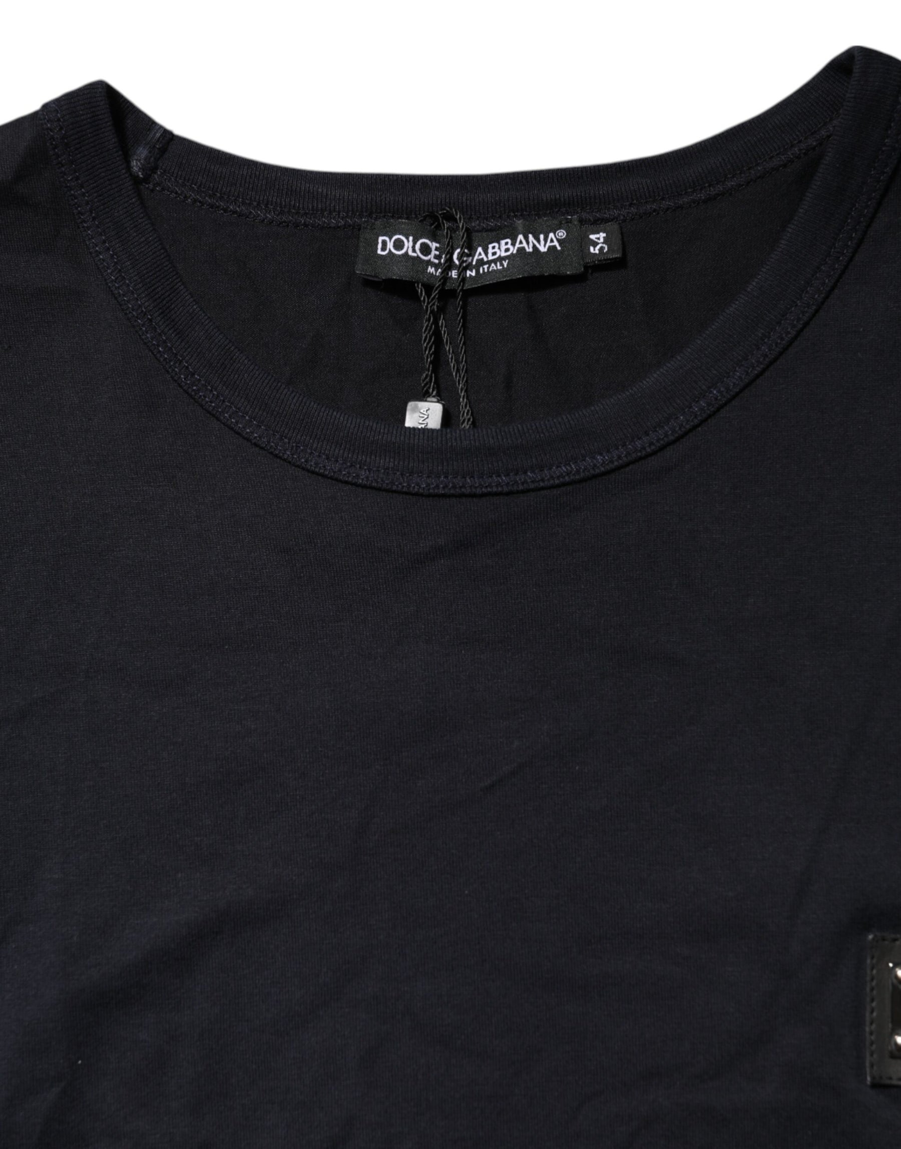 Dolce & Gabbana Dark Blue Logo Plaque Cotton Crewneck T-shirt | Regal Royce