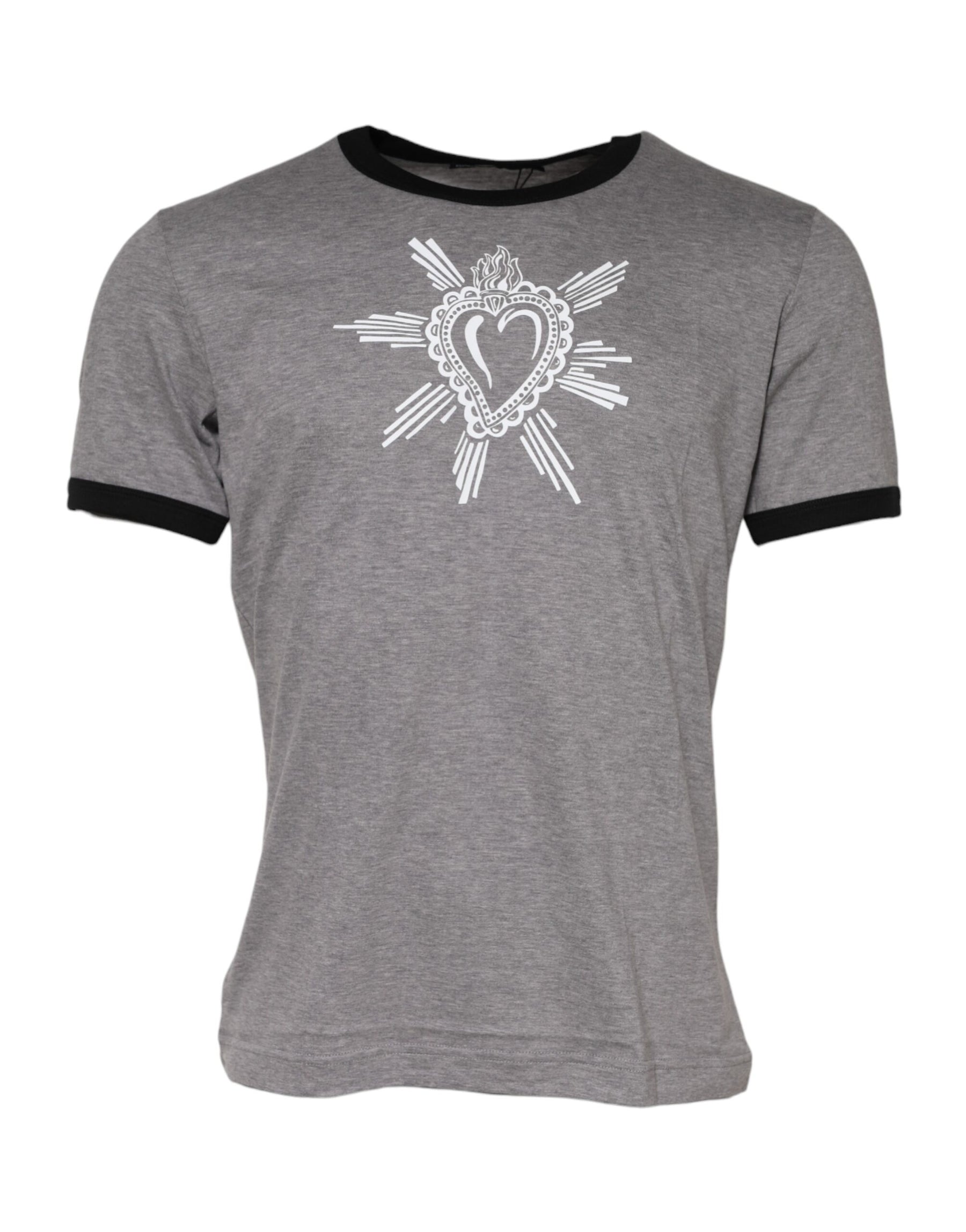Dolce & Gabbana Gray Sacred Heart Cotton Crew Neck T-shirt | Regal Royce