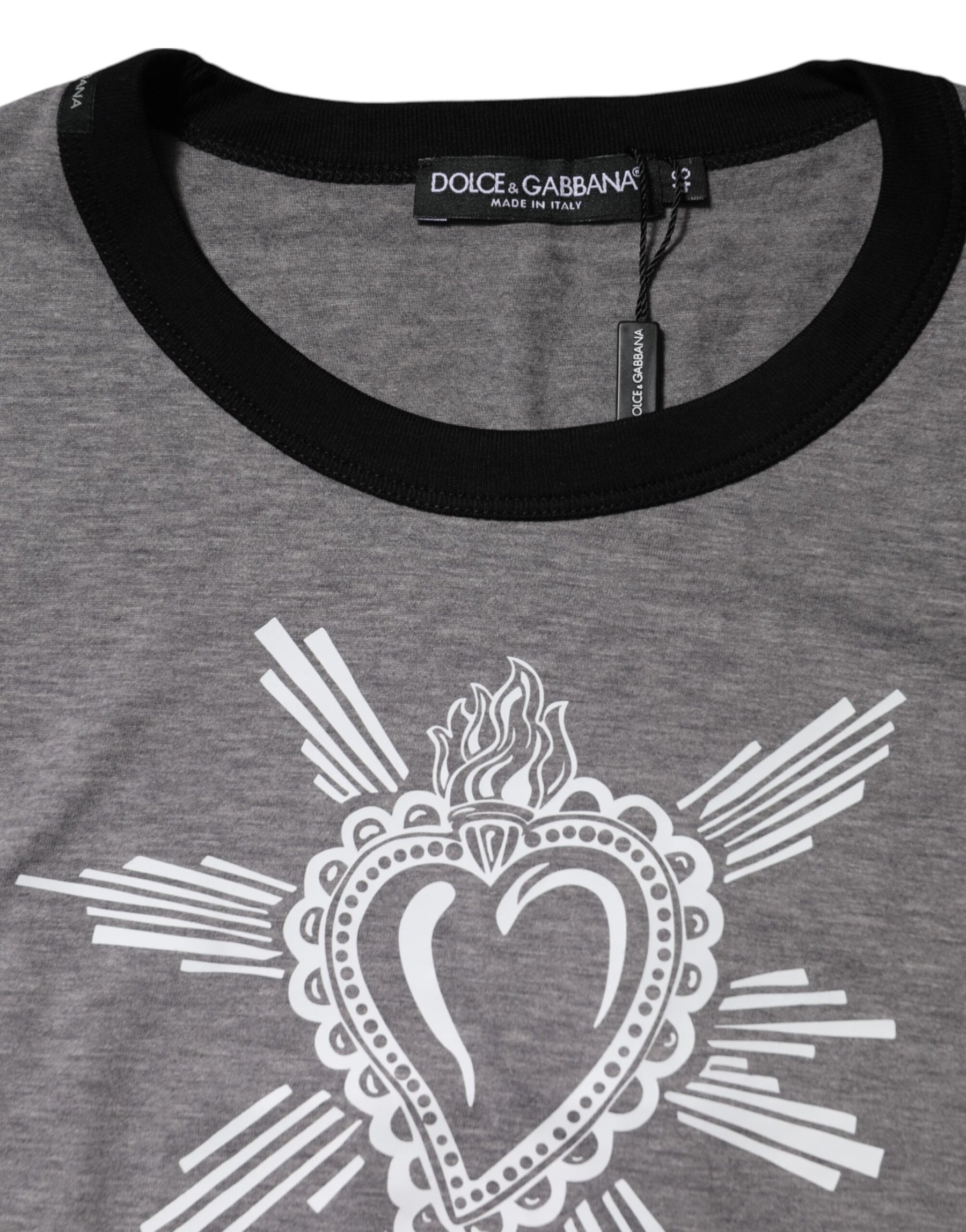 Dolce & Gabbana Gray Sacred Heart Cotton Crew Neck T-shirt | Regal Royce