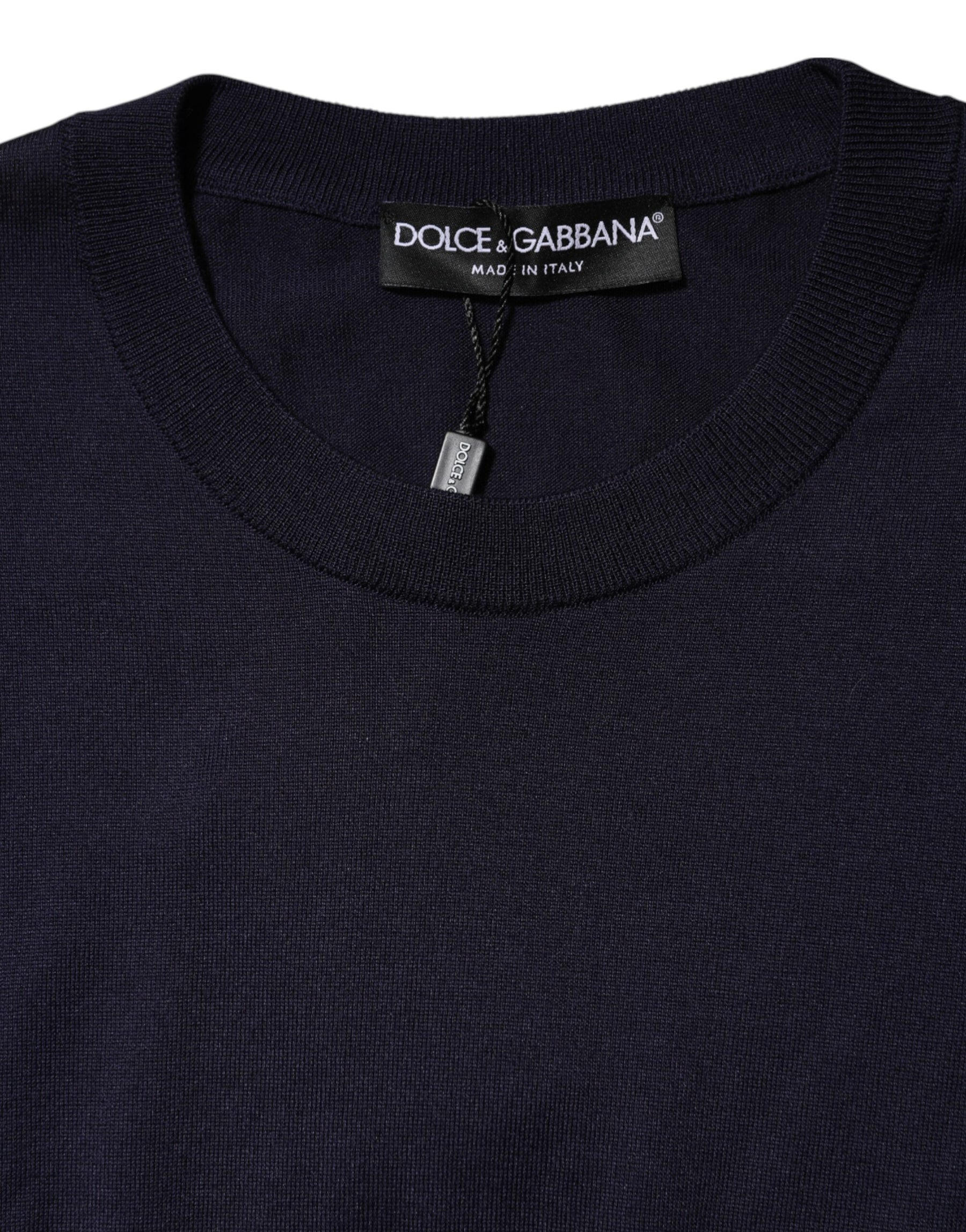 Dolce & Gabbana Dark Blue Silk Crew Neck Short Sleeves T-shirt | Regal Royce