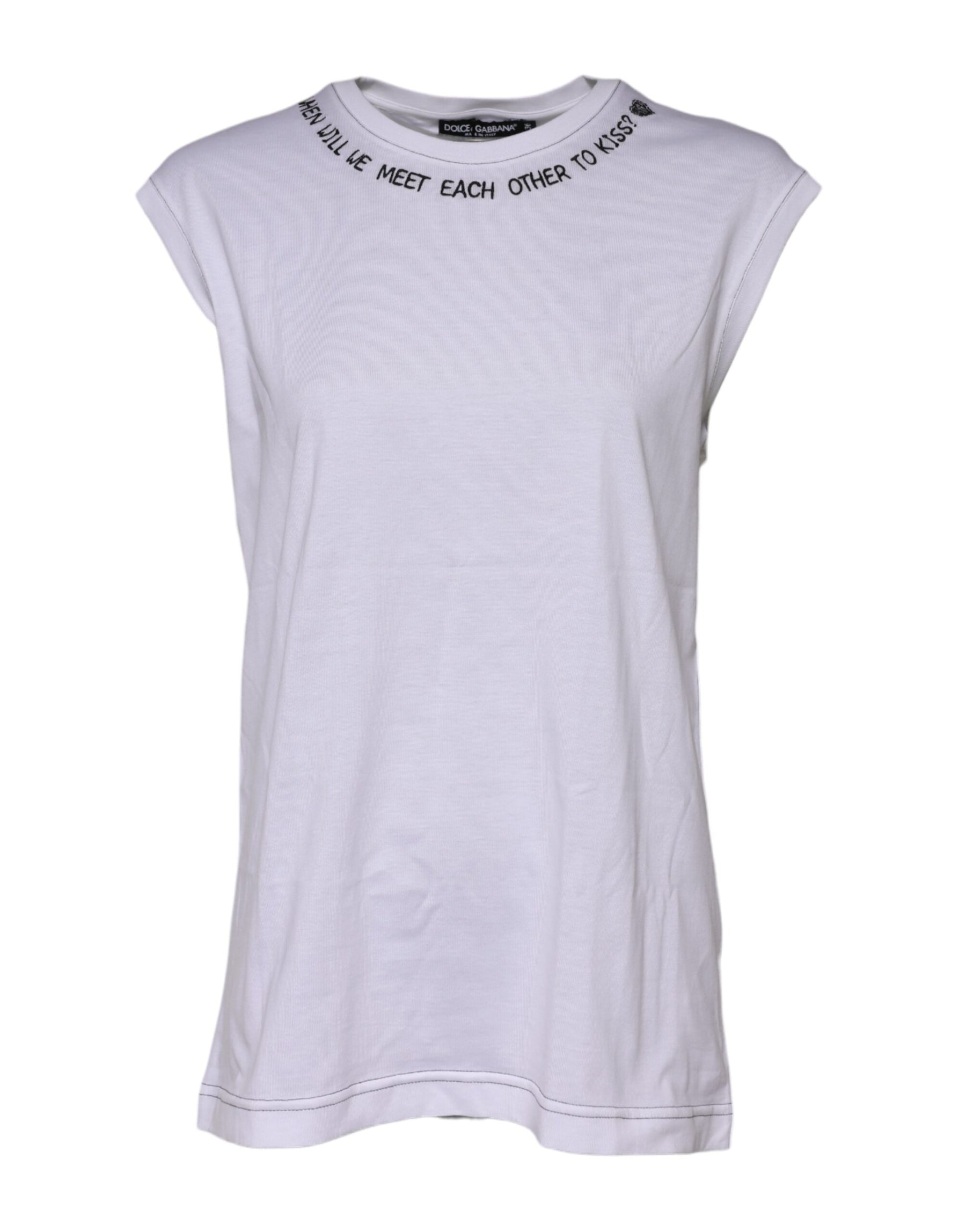 Dolce & Gabbana White Cotton Sleeveless Printed Tank T-shirt | Regal Royce