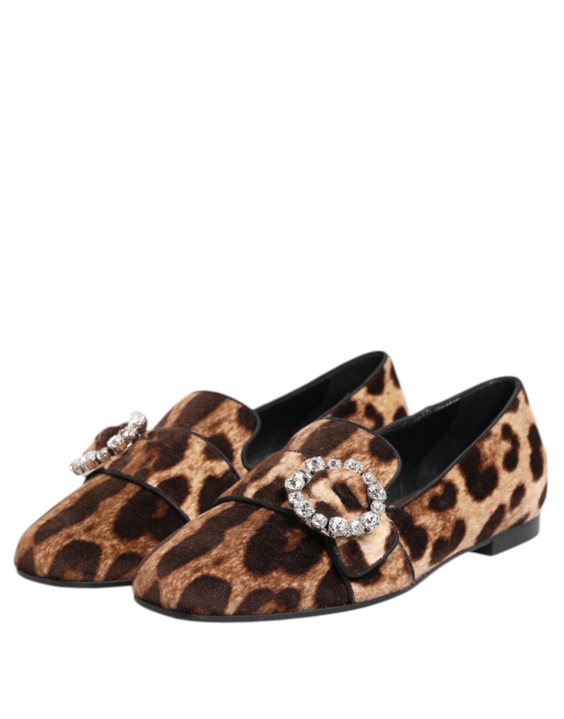 Dolce & Gabbana Brown Leopard Print Crystals Loafers Flats Shoes | Regal Royce