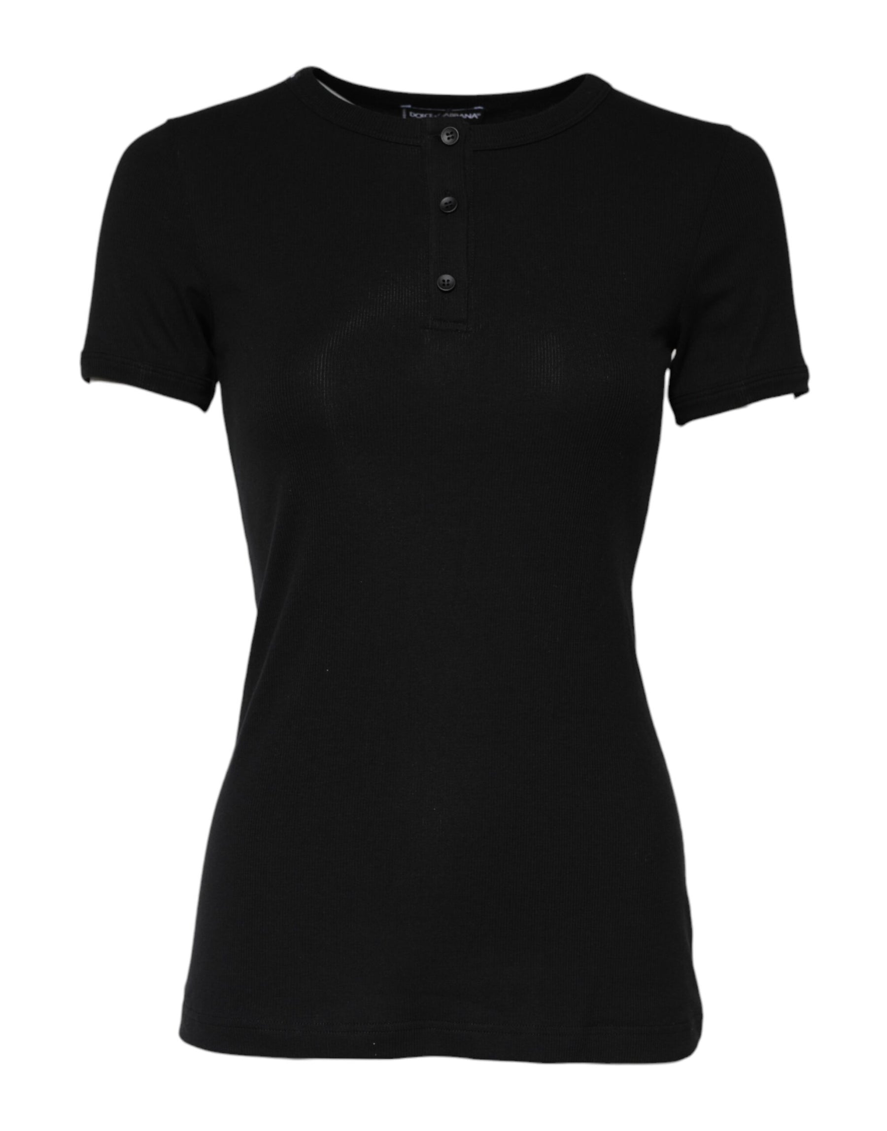 Dolce & Gabbana Black Cotton Henley Short Sleeves Top T-shirt | Regal Royce