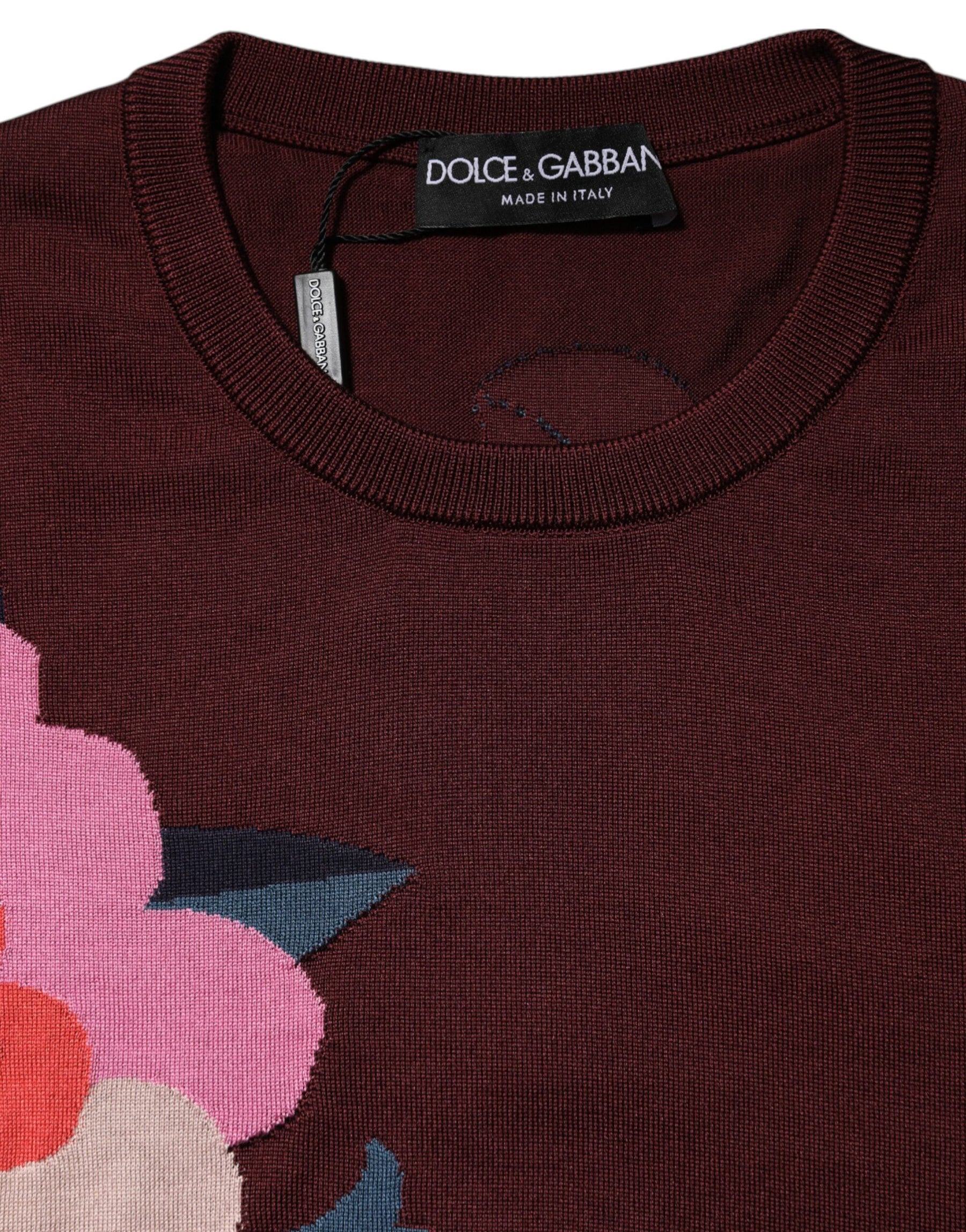Dolce & Gabbana Maroon Floral Silk Crew Neck Blouse Top | Regal Royce