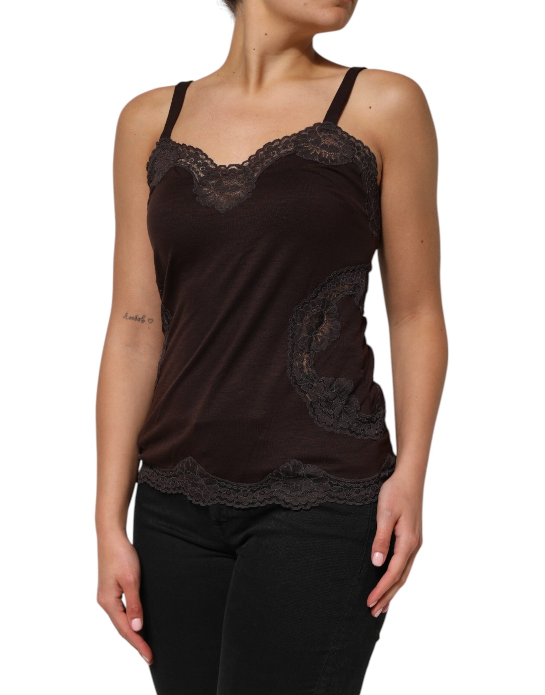 Dolce & Gabbana Dark Brown Lace Trim Wool Sleeveless Tank Top | Regal Royce