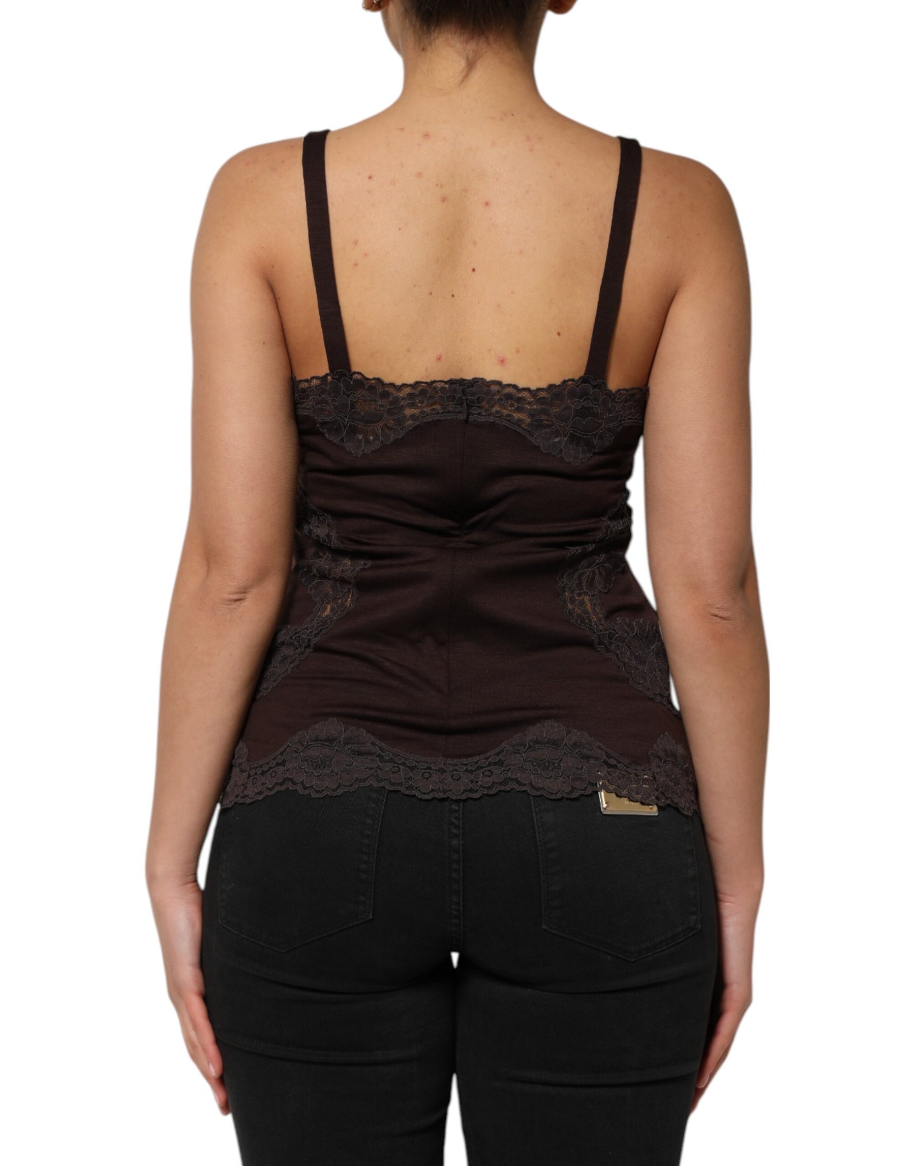 Dolce & Gabbana Dark Brown Lace Trim Wool Sleeveless Tank Top | Regal Royce