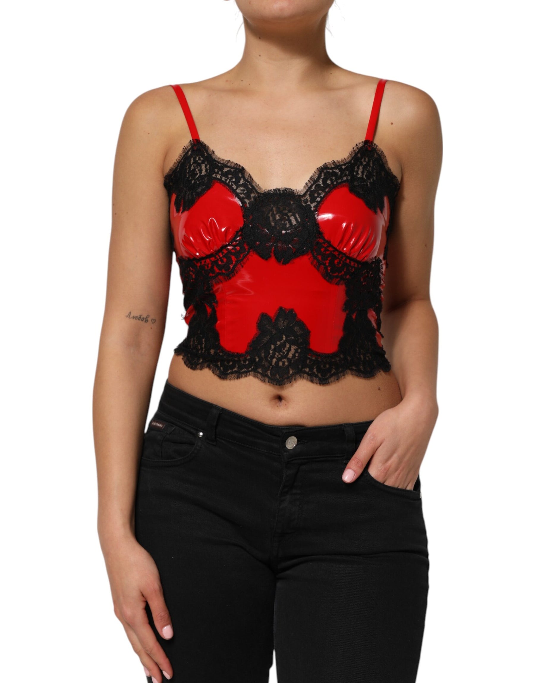 Dolce & Gabbana Red Black Lace Trim Polyester Sleeveless Tank Top | Regal Royce