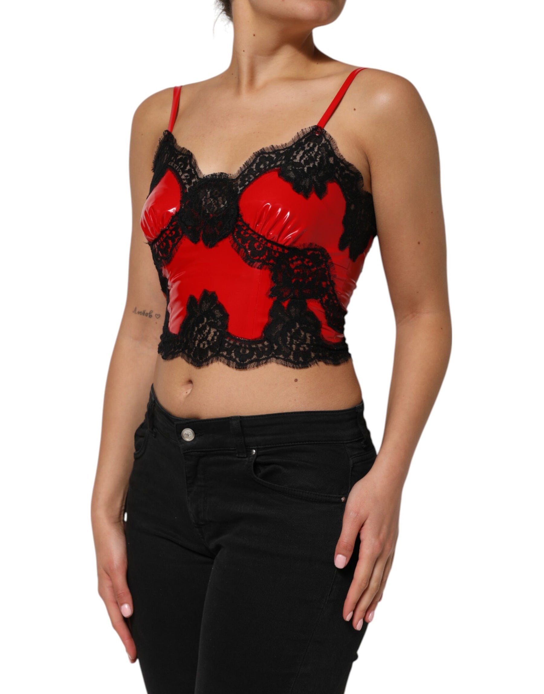 Dolce & Gabbana Red Black Lace Trim Polyester Sleeveless Tank Top | Regal Royce