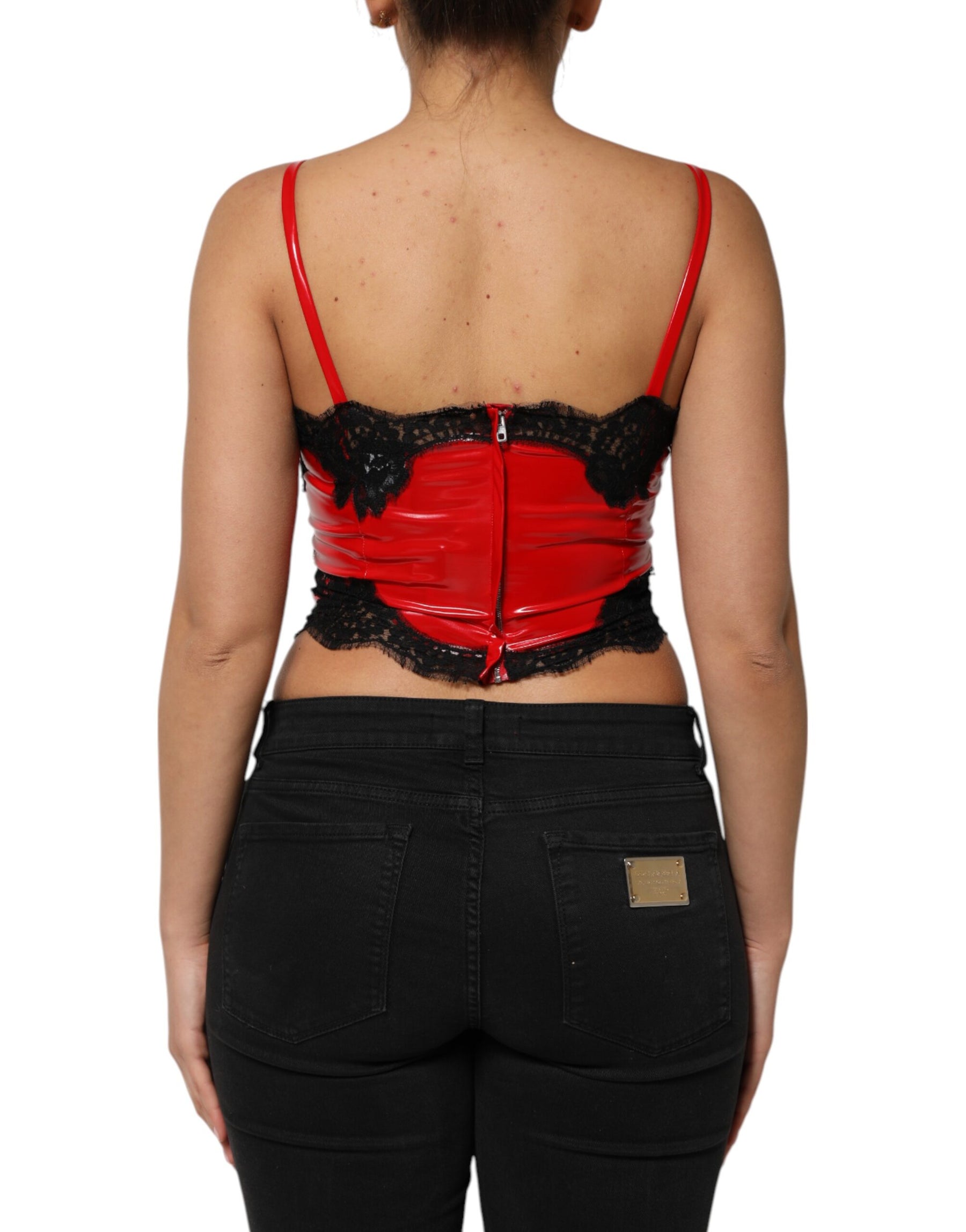 Dolce & Gabbana Red Black Lace Trim Polyester Sleeveless Tank Top | Regal Royce