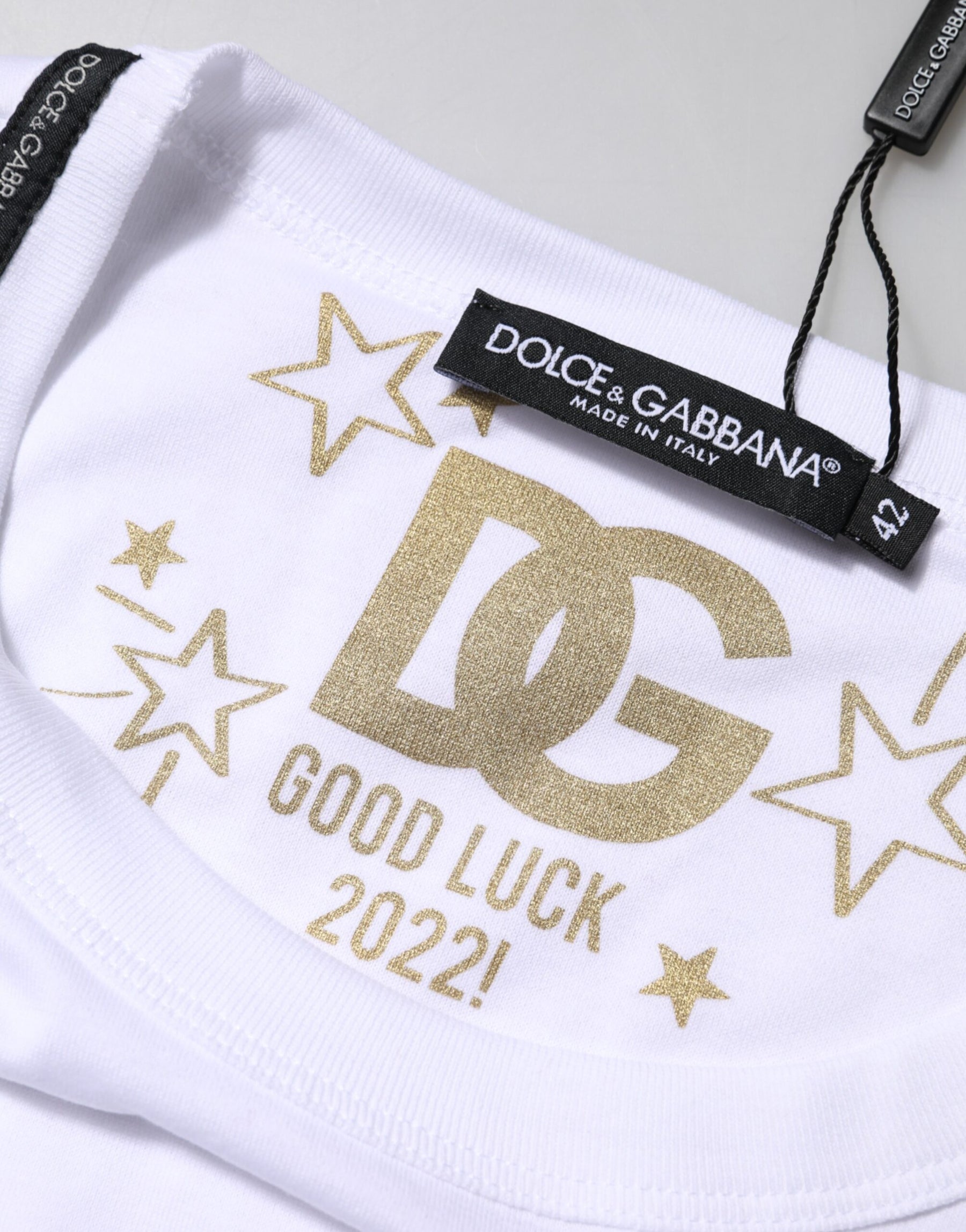 Dolce & Gabbana White Cotton Goodluck 2022 Crew Neck T-shirt | Regal Royce