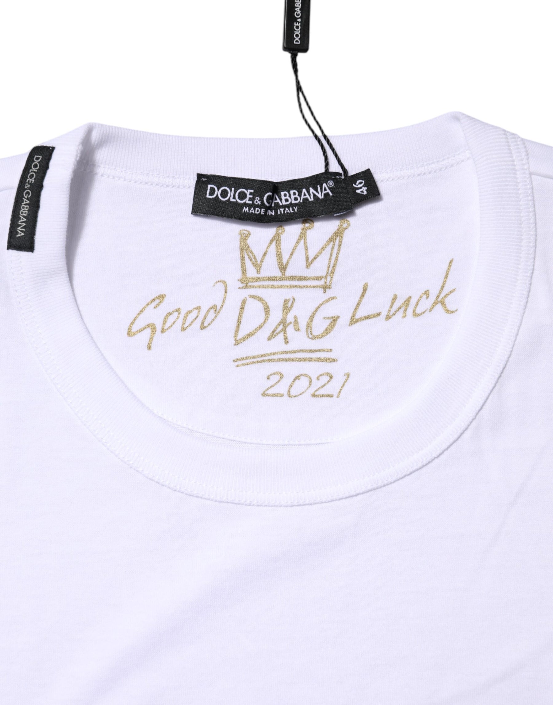 Dolce & Gabbana White Cotton Goodluck 2022 Crew Neck T-shirt | Regal Royce