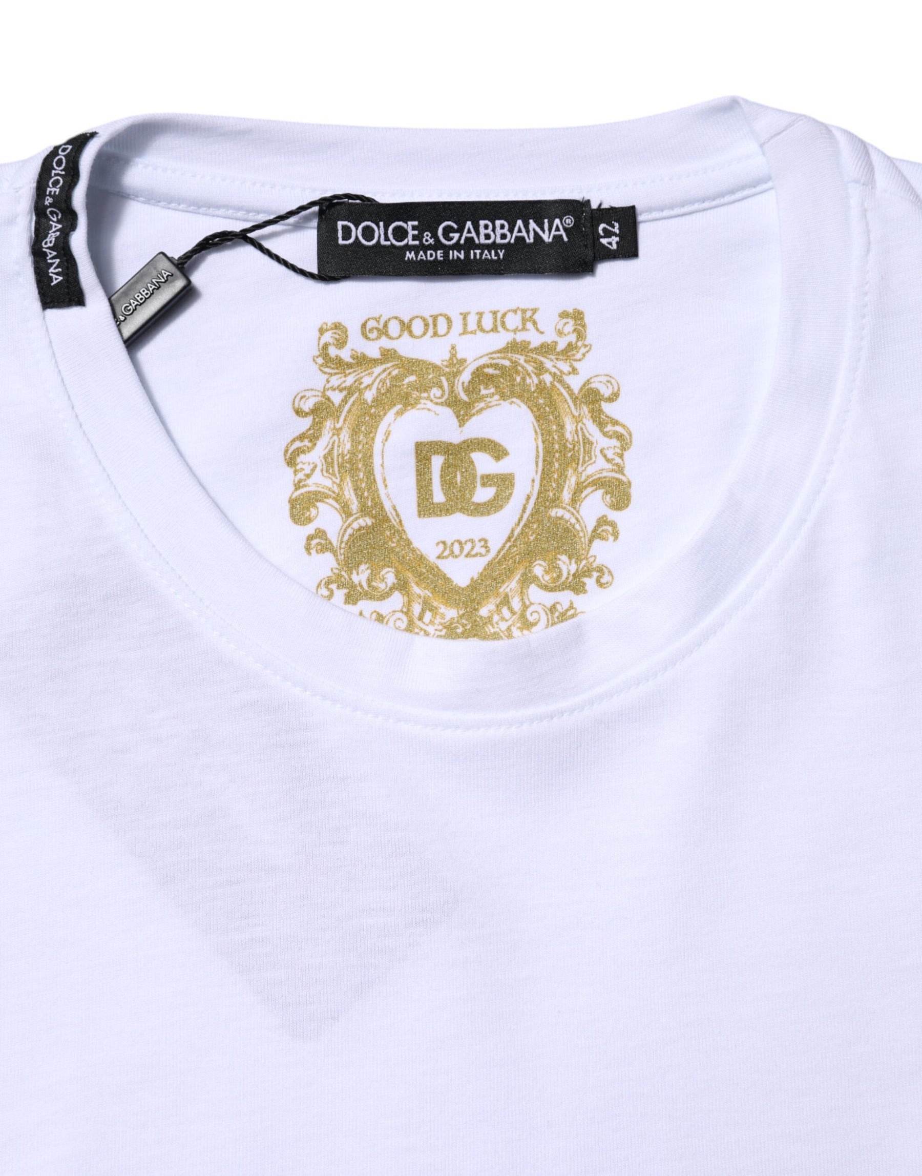 Dolce & Gabbana White Cotton Goodluck 2023 Crew Neck T-shirt | Regal Royce