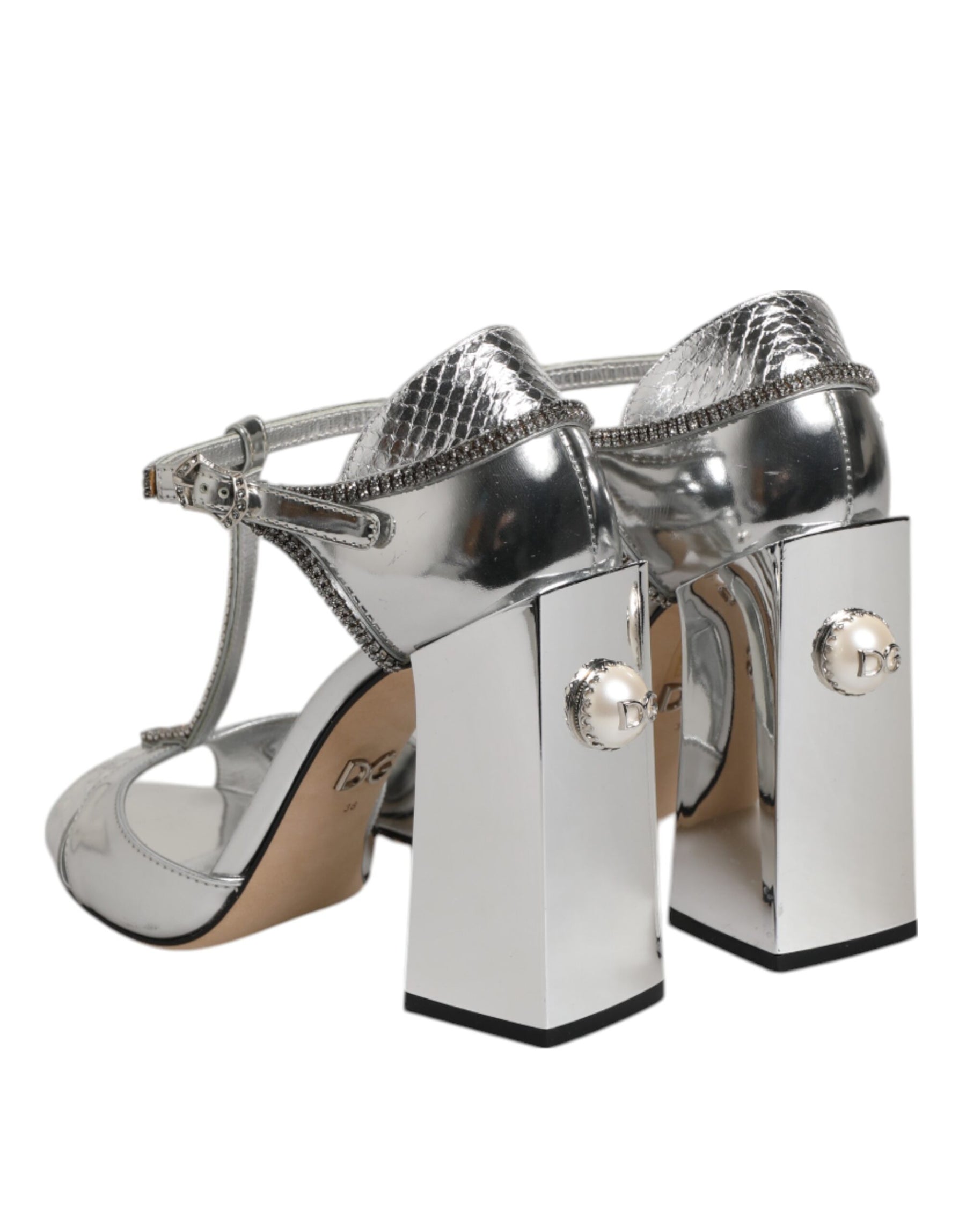 Dolce & Gabbana Silver Leather T-strap Heels Sandals Shoes | Regal Royce