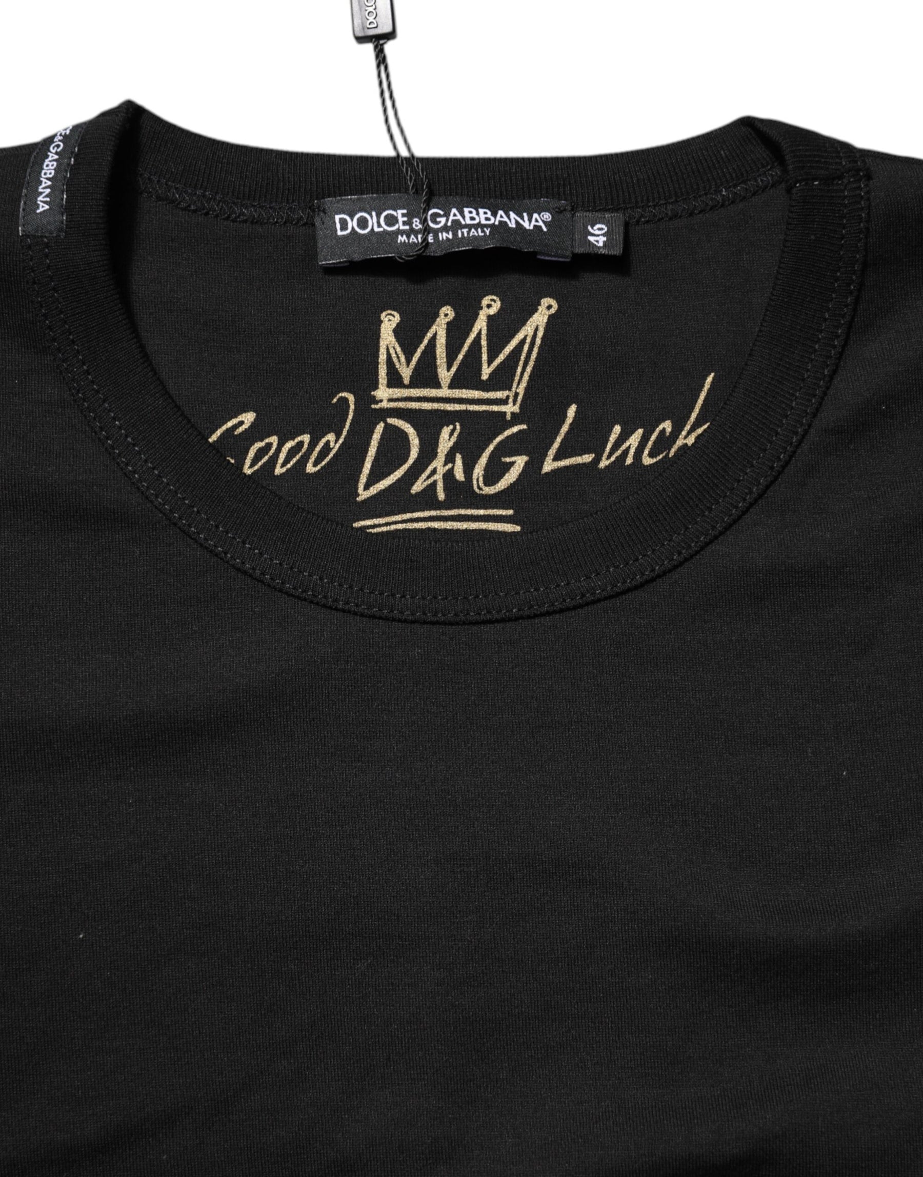 Dolce & Gabbana Black Cotton Goodluck Tee Crew Neck T-shirt | Regal Royce