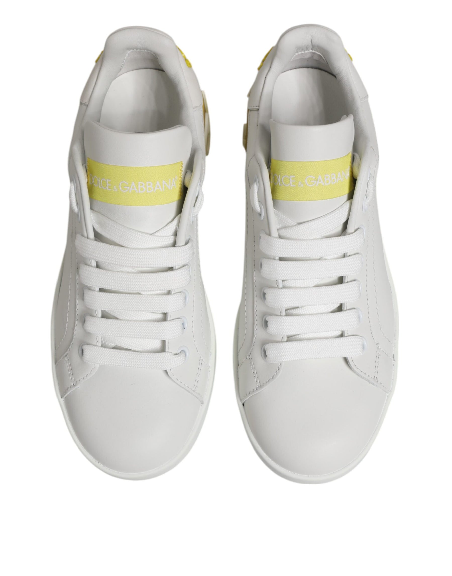 Dolce & Gabbana White Yellow Leather Low Top Sneakers Shoes | Regal Royce