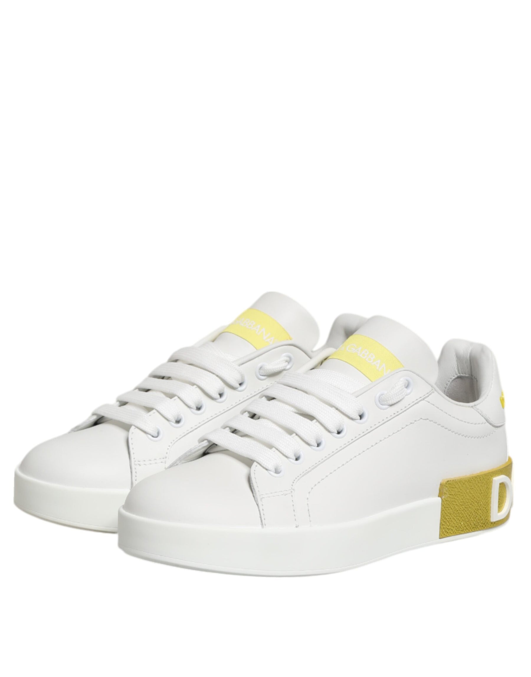 Dolce & Gabbana White Yellow Leather Low Top Sneakers Shoes | Regal Royce