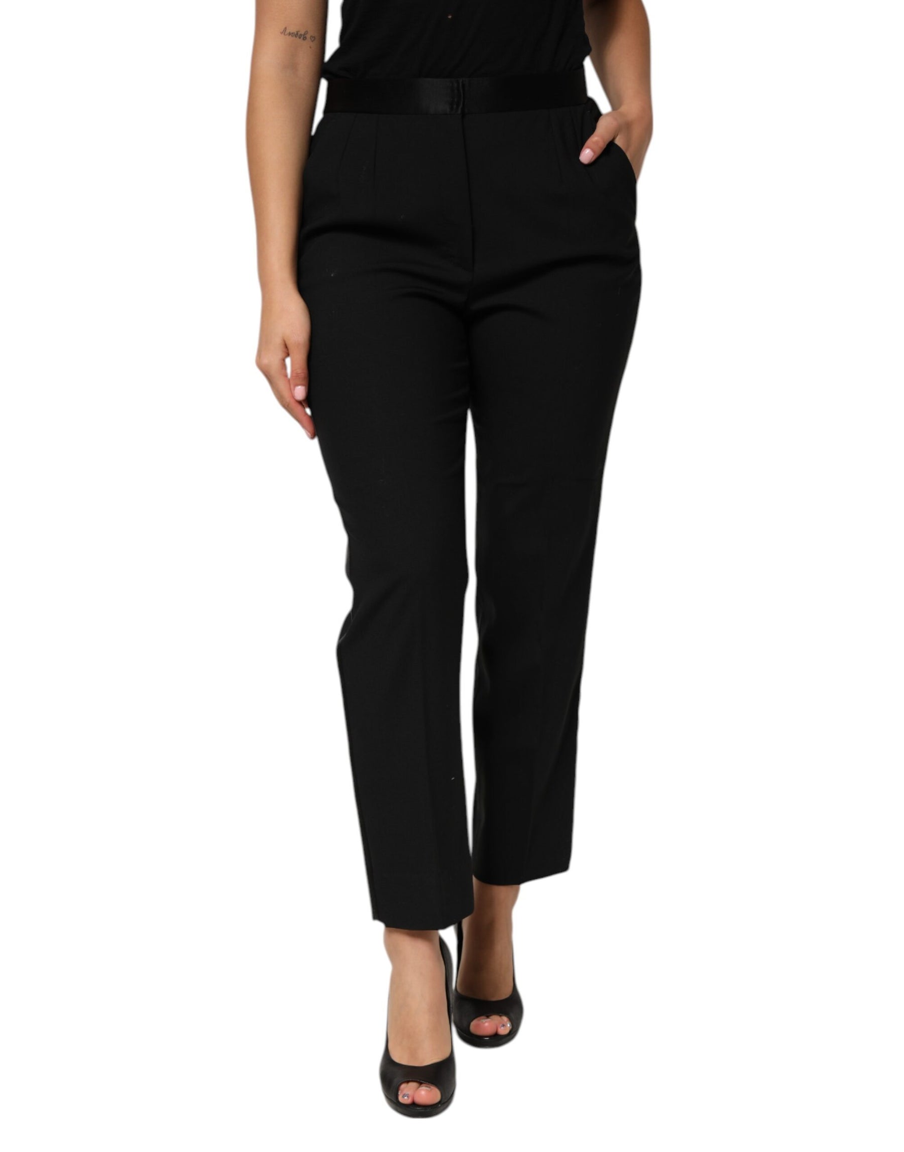 Dolce & Gabbana Black Wool HighWaist Tapered Trouser Pants | Regal Royce